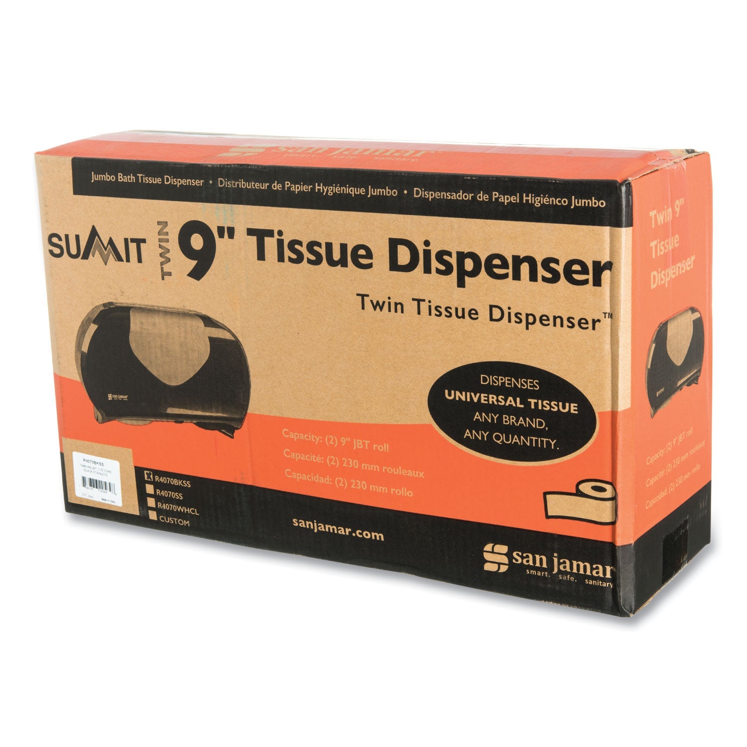 San Jamar® Twin 9" Jumbo Bath Tissue Dispenser, Summit, 20.07 x 5.88 x 11.9, Black/Faux Stainless Steel - Bloom Skins
