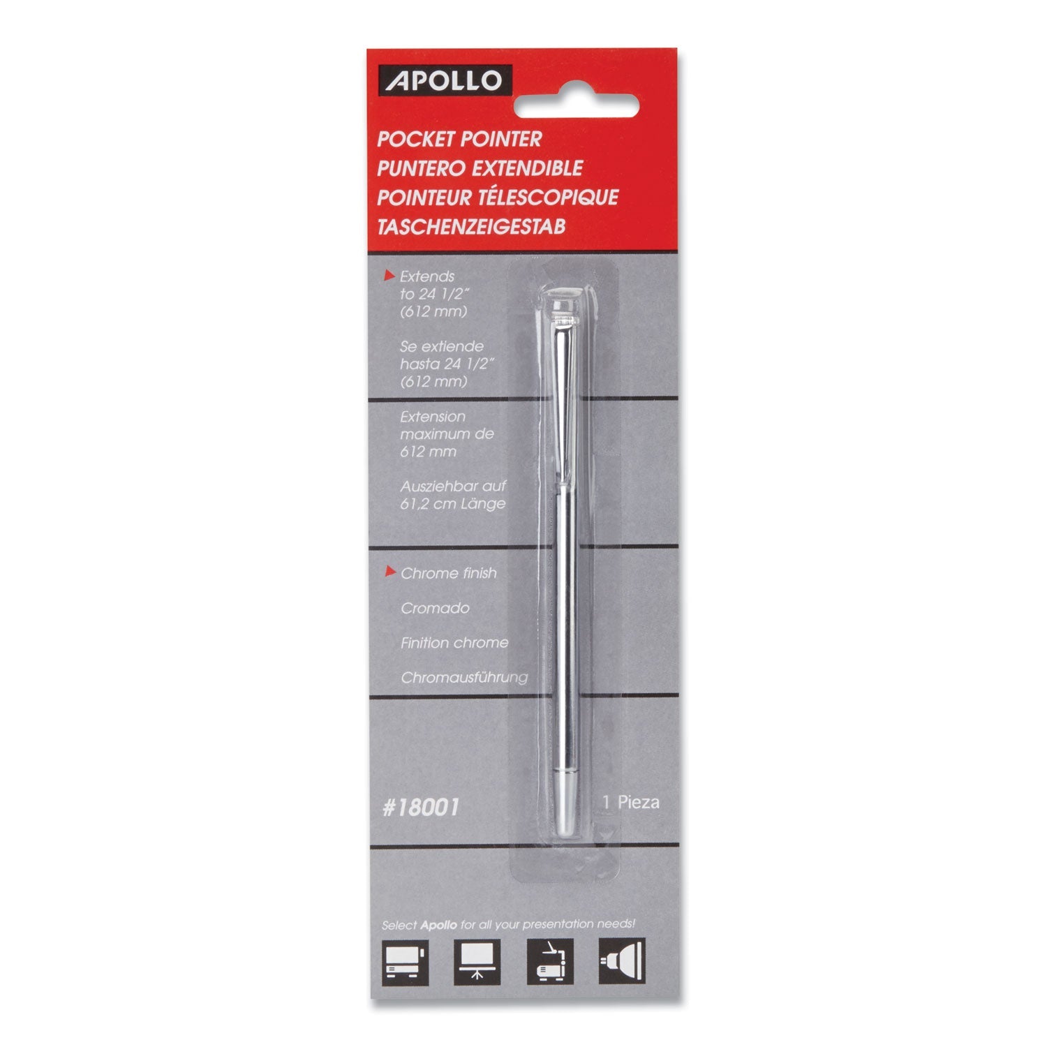 Apollo® Slimline Pen-Size Pocket Pointer With Clip, Extends To 24.5", Silver