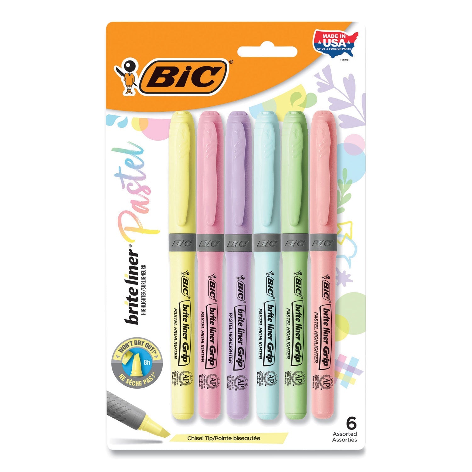 BIC® Brite Liner Grip Pocket Highlighter, Assorted Ink Colors, Chisel Tip, Assorted Barrel Colors, 6/pack