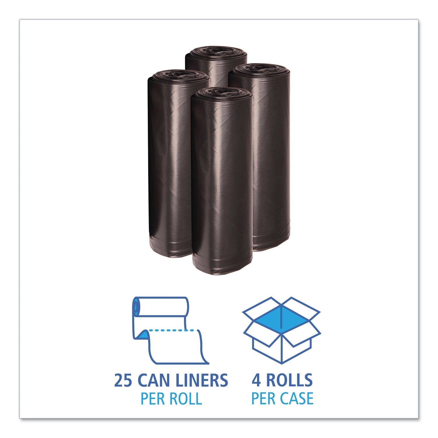 Boardwalk® Recycled Low-Density Polyethylene Can Liners, 60 gal, 1.2 mil, 38" x 58", Black, Perforated, 10 Bags/Roll, 10 Rolls/Carton