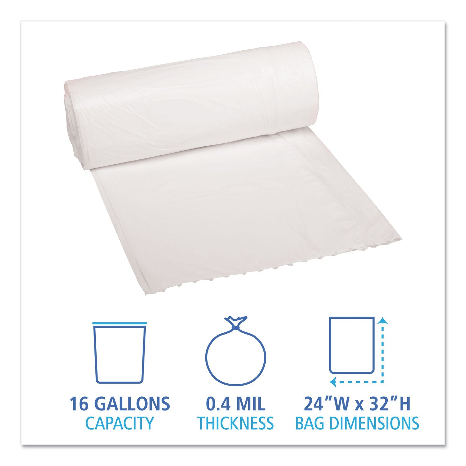 Boardwalk® Low-Density Waste Can Liners, 16 gal, 0.4 mil, 24" x 32", White, Perforated Roll, 25 Bags/Roll, 20 Rolls/Carton
