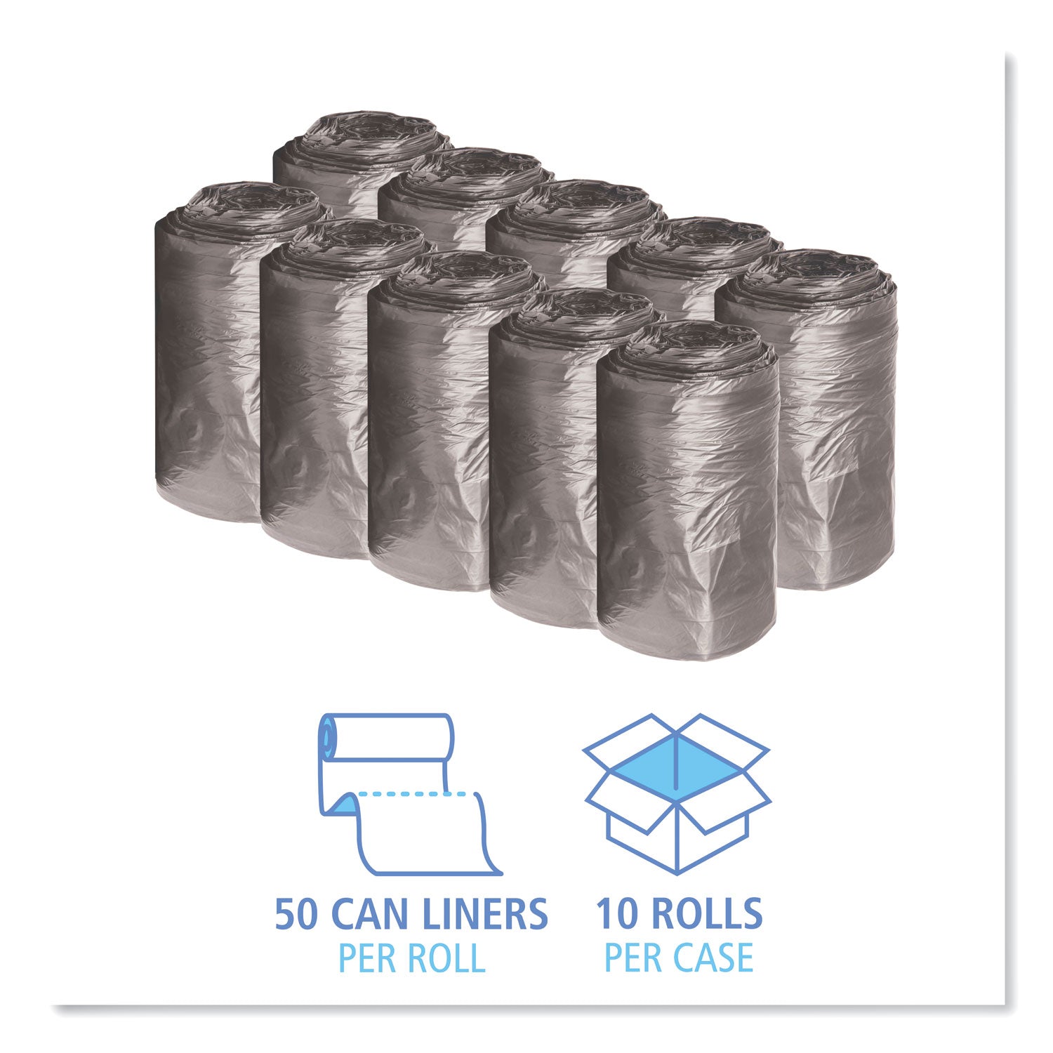 Boardwalk® Low-Density Waste Can Liners, 16 gal, 0.35 mil, 24" x 32", Black, Perforated Roll, 50 Bags/Roll, 10 Rolls/Carton