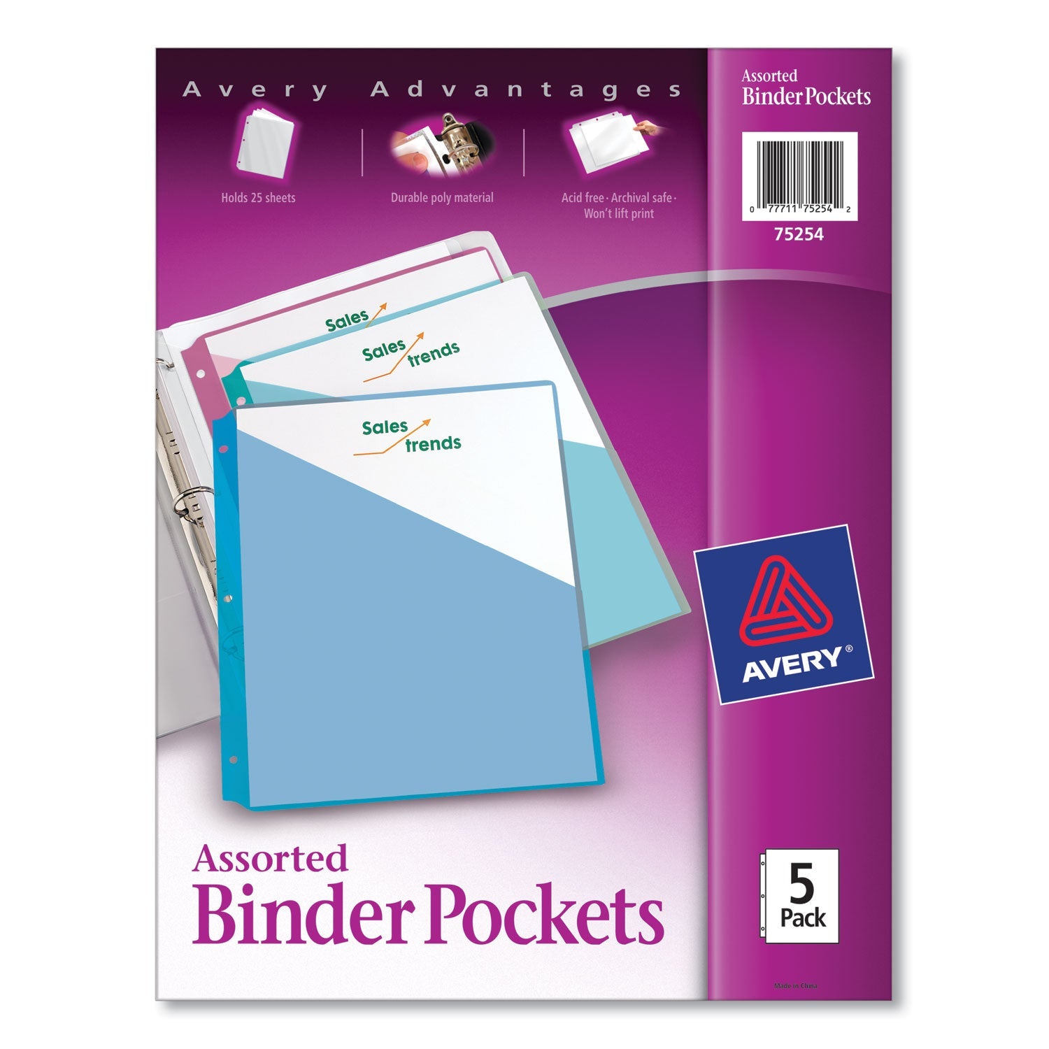 Avery® Binder Pockets, 3-Hole Punched, 9.25 x 11, Assorted Colors, 5/Pack