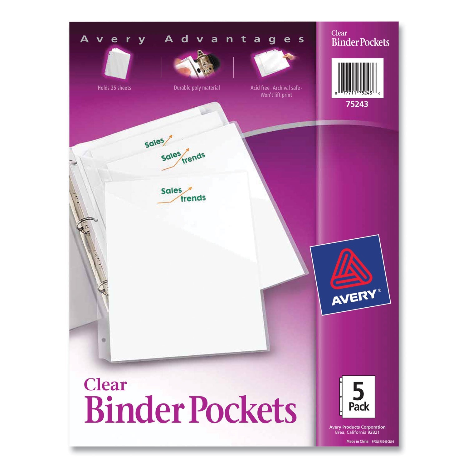 Avery® Binder Pockets, 3-Hole Punched, 9.25 x 11, Clear, 5/Pack