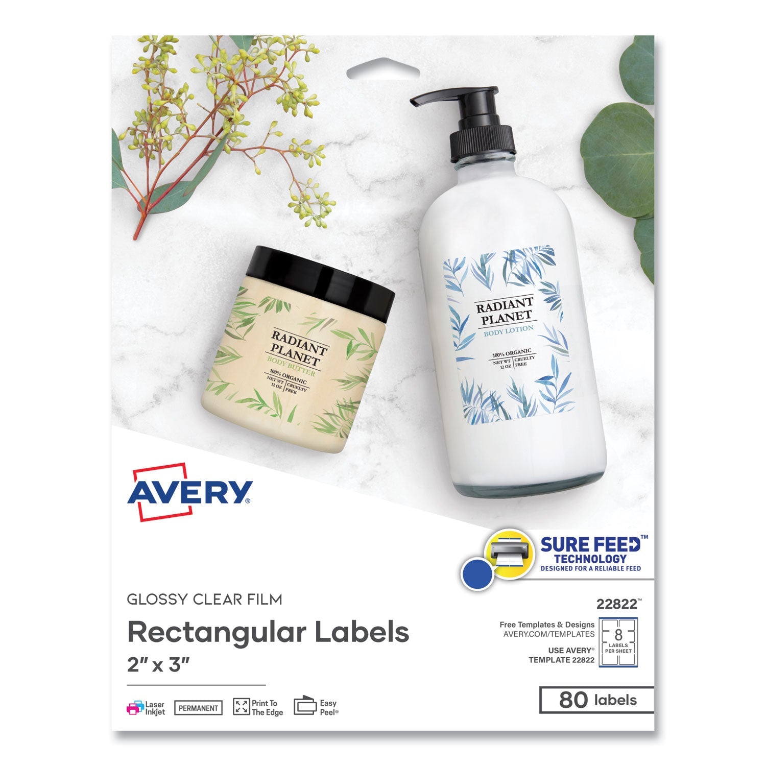 Avery® Print-To-The-Edge Labels With Sure Feed And Easy Peel, 2 X 3, Glossy Clear, 80/pack