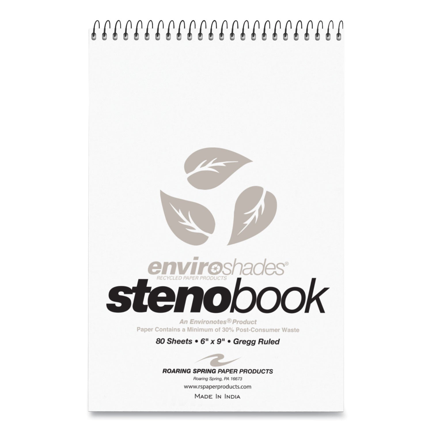 Roaring Spring® Enviroshades Steno Notepad, Gregg Rule, White Cover, 80 Gray 6 X 9 Sheets, 4/pack