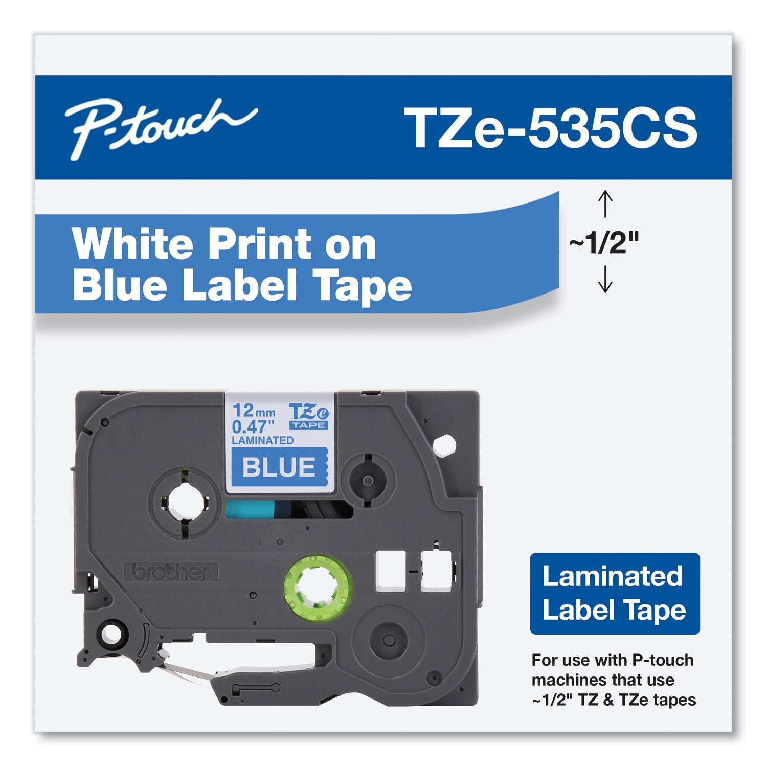 Brother P-Touch® Tze Laminated Removable Label Tapes, 0.47" X 26.2 Ft, White On Blue