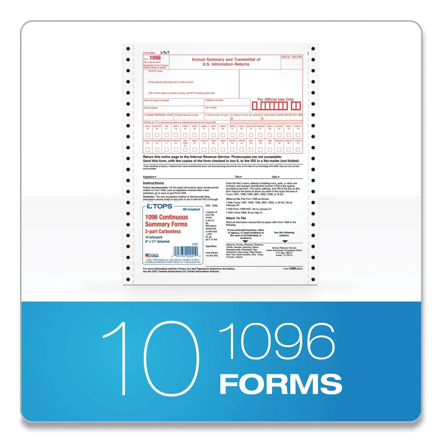 Adams® 2-Part 1096 Continuous Feed Tax Forms, Fiscal Year: 2024, Two-Part Carbonless, 8 x 11, 10 Forms Total - Bloom Skins