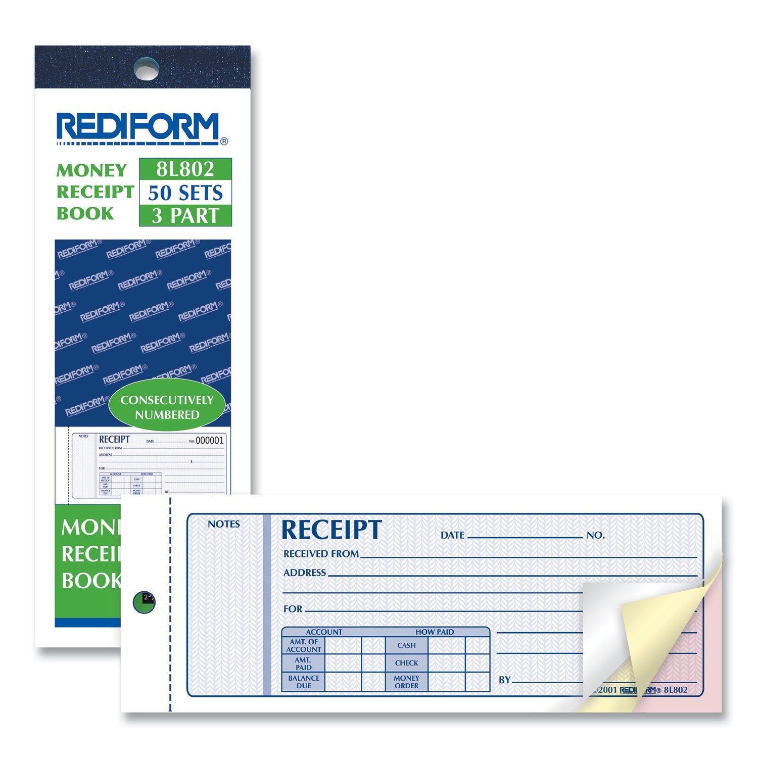 Rediform® Receipt Book, Three-Part Carbonless, 7 x 2.75, 4 Forms/Sheet, 50 Forms Total