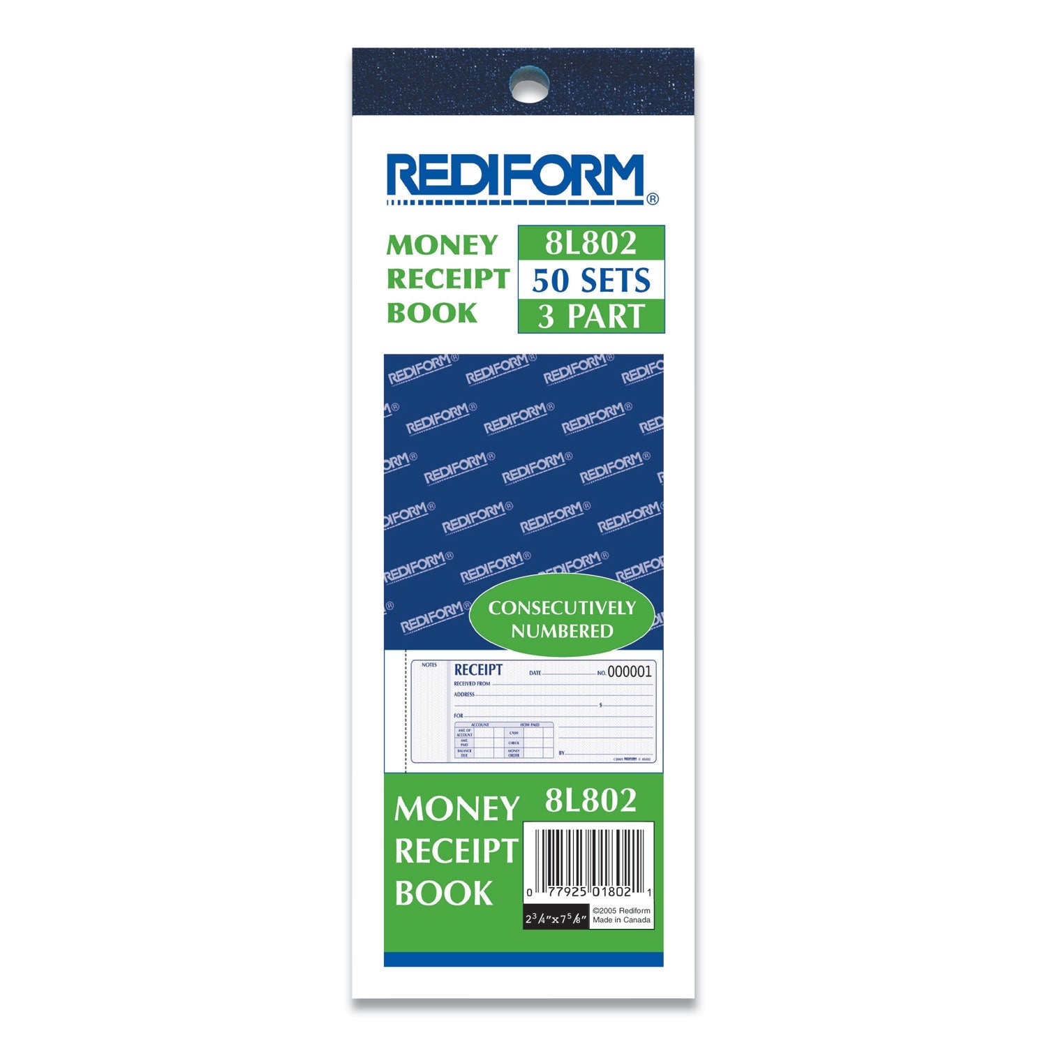 Rediform® Receipt Book, Three-Part Carbonless, 7 x 2.75, 4 Forms/Sheet, 50 Forms Total