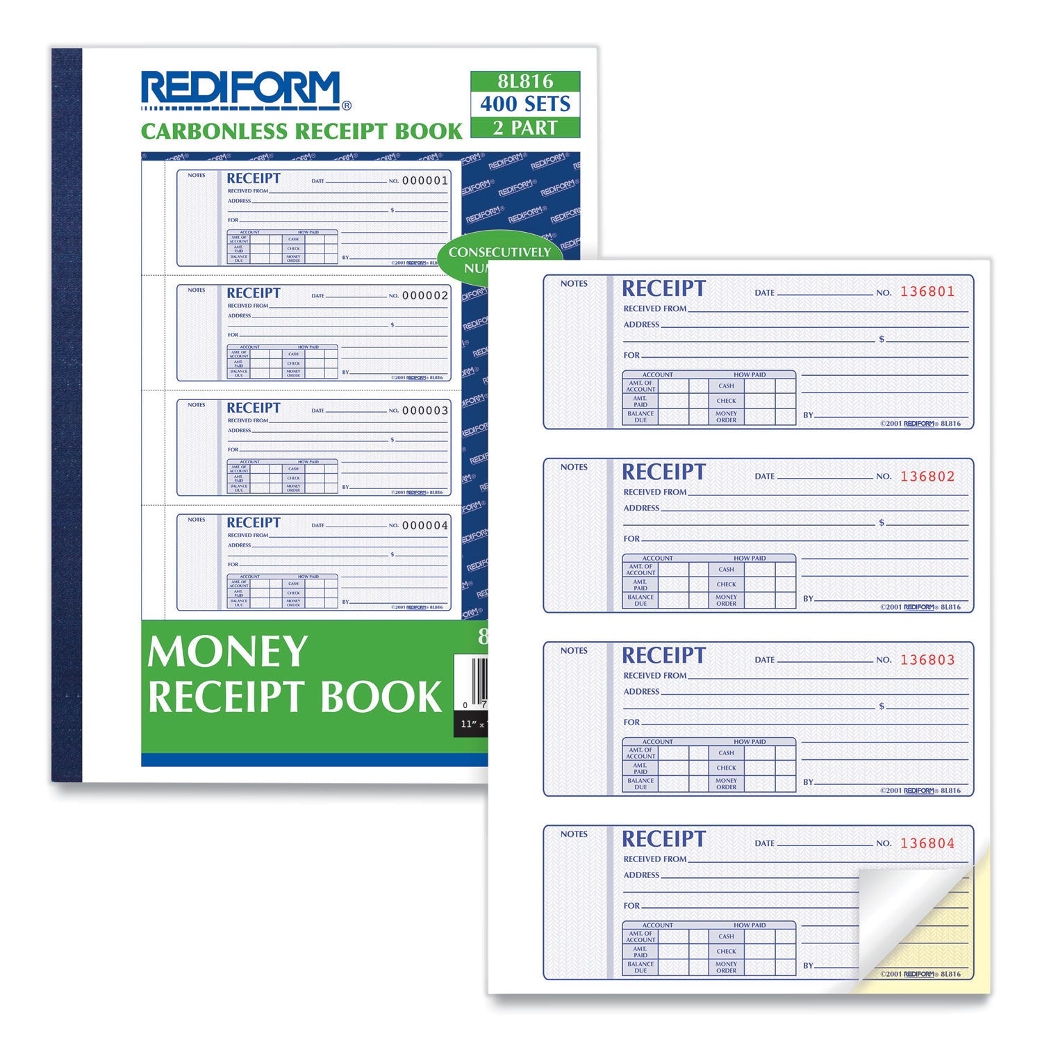 Rediform® Receipt Book, Two-Part Carbonless, 7 x 2.75, 4 Forms/Sheet, 400 Forms Total