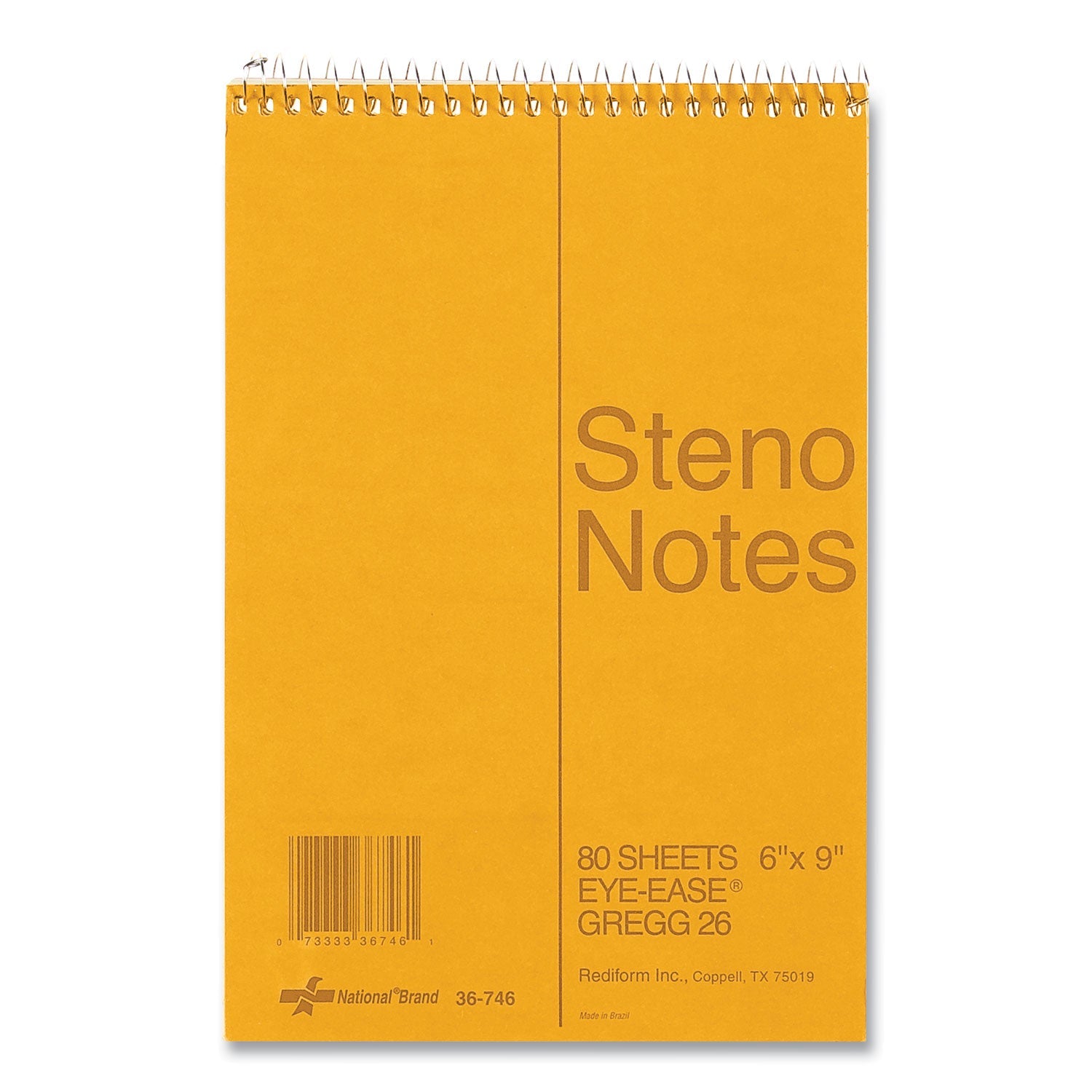 National® Standard Spiral Steno Pad, Gregg Rule, Brown Cover, 80 Eye-Ease Green 6 X 9 Sheets