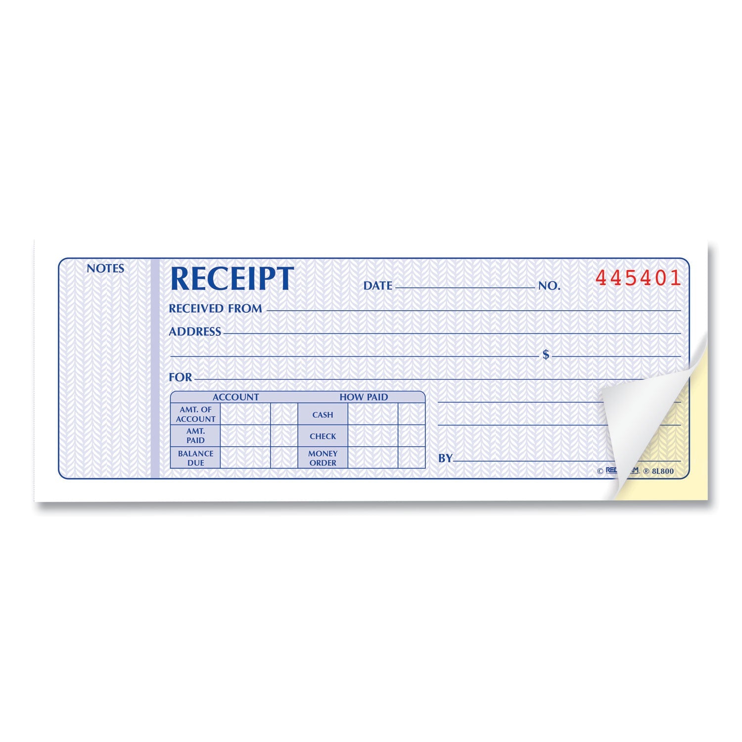 Rediform® Receipt Book, Two-Part Carbonless, 7 x 2.75, 4 Forms/Sheet, 100 Forms Total