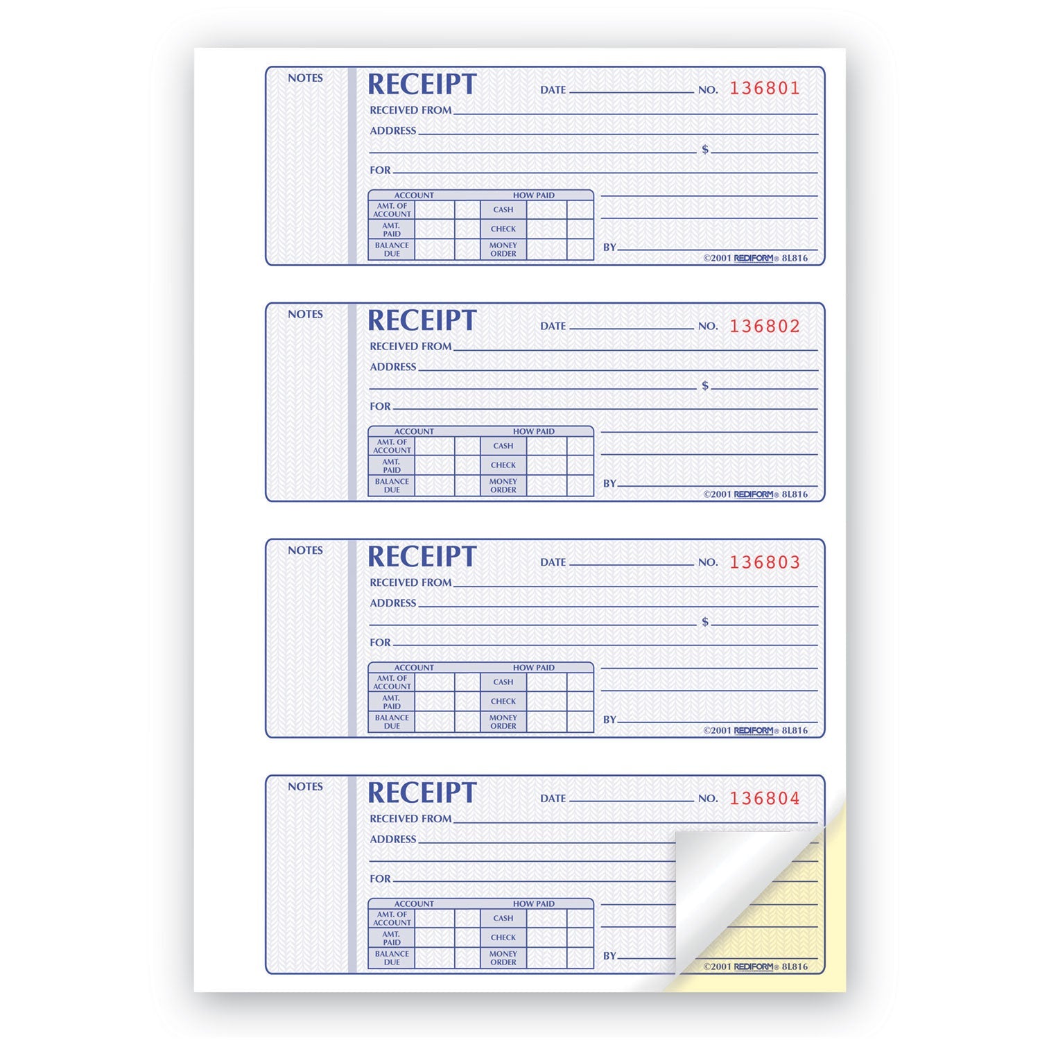 Rediform® Receipt Book, Two-Part Carbonless, 7 x 2.75, 4 Forms/Sheet, 400 Forms Total