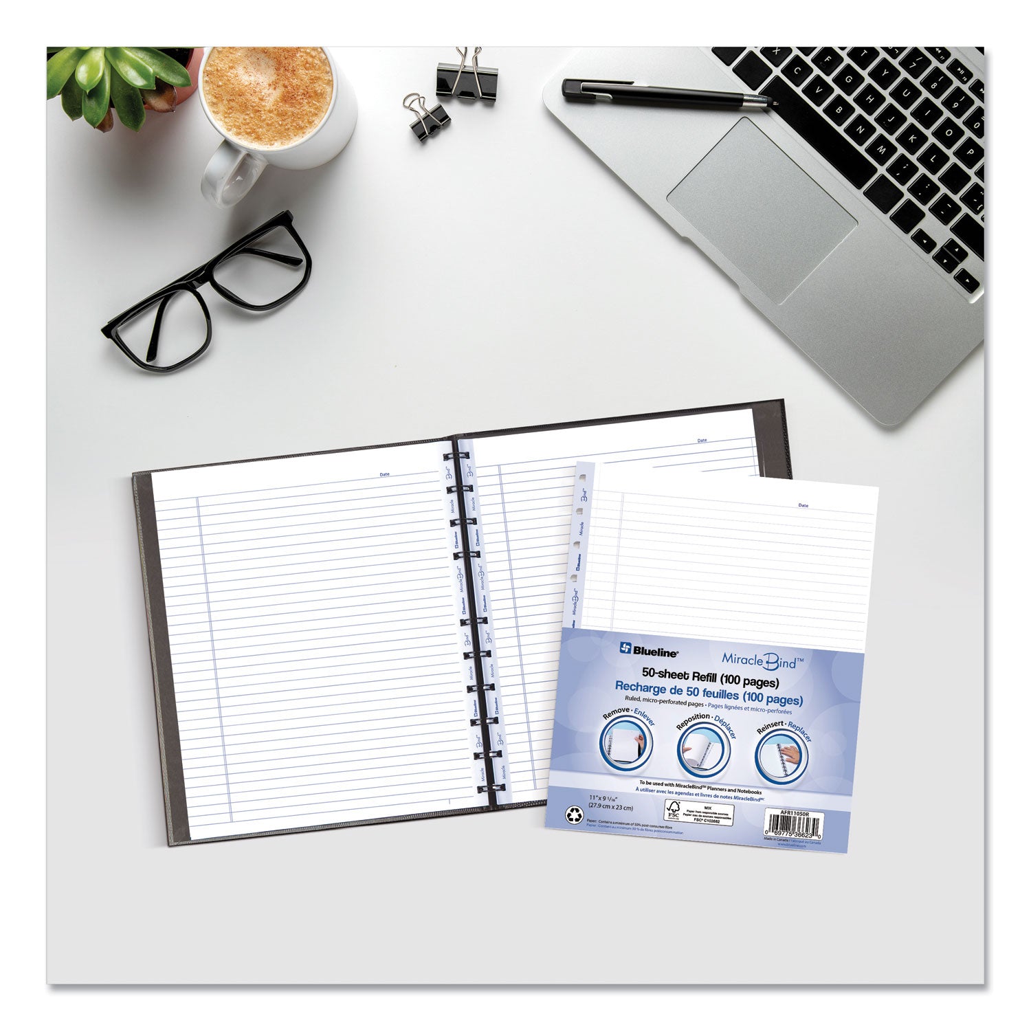 Blueline® Miraclebind Ruled Paper Refill Sheets For All Miraclebind Notebooks And Planners, 11 X 9.06, White/blue Sheets, Undated