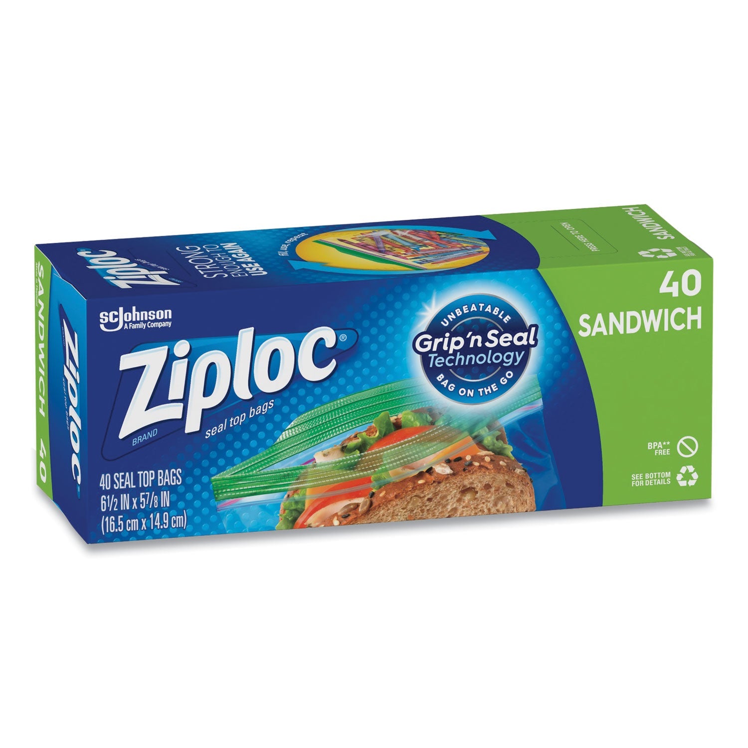 Ziploc® Resealable Sandwich Bags, 6.5" x 5.88", Clear, 40/Box