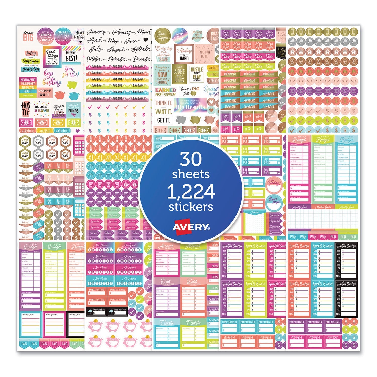 Avery® Budgeting Planner Stickers, Budget Theme, Assorted Colors, 1,224/pack