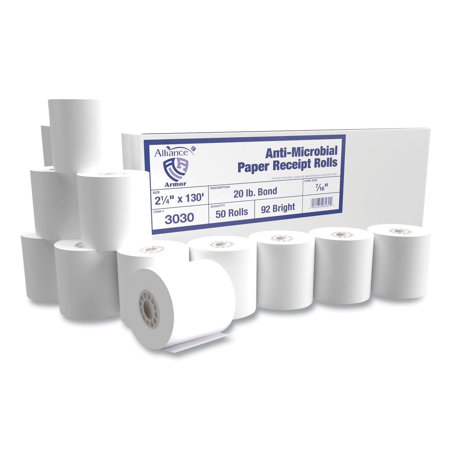 Alliance Armor Antimicrobial Receipt Roll Paper, 2.25" X 130 Ft, White, 50/carton - Bloom Skins
