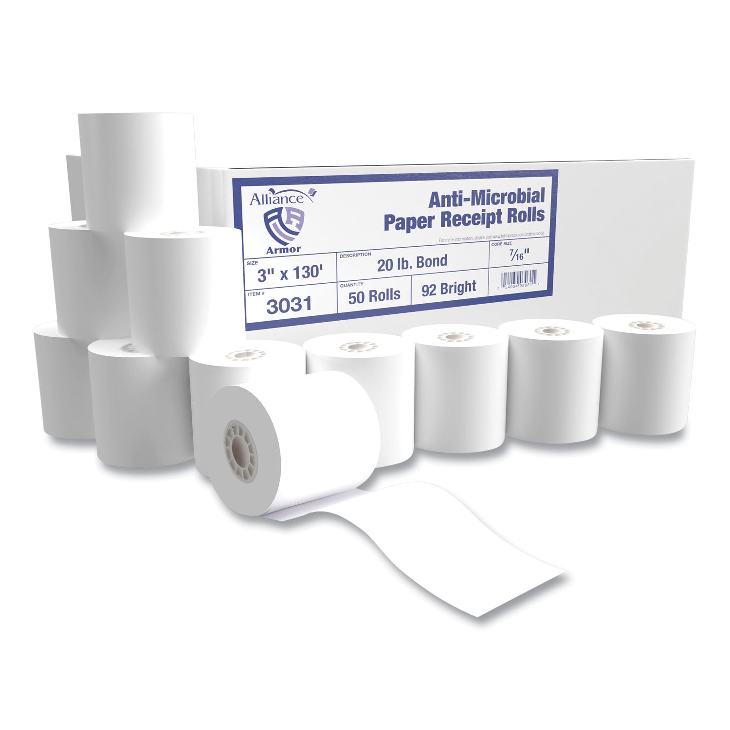 Antimicrobial Receipt Roll Paper | 3"x130' | 50-Ct