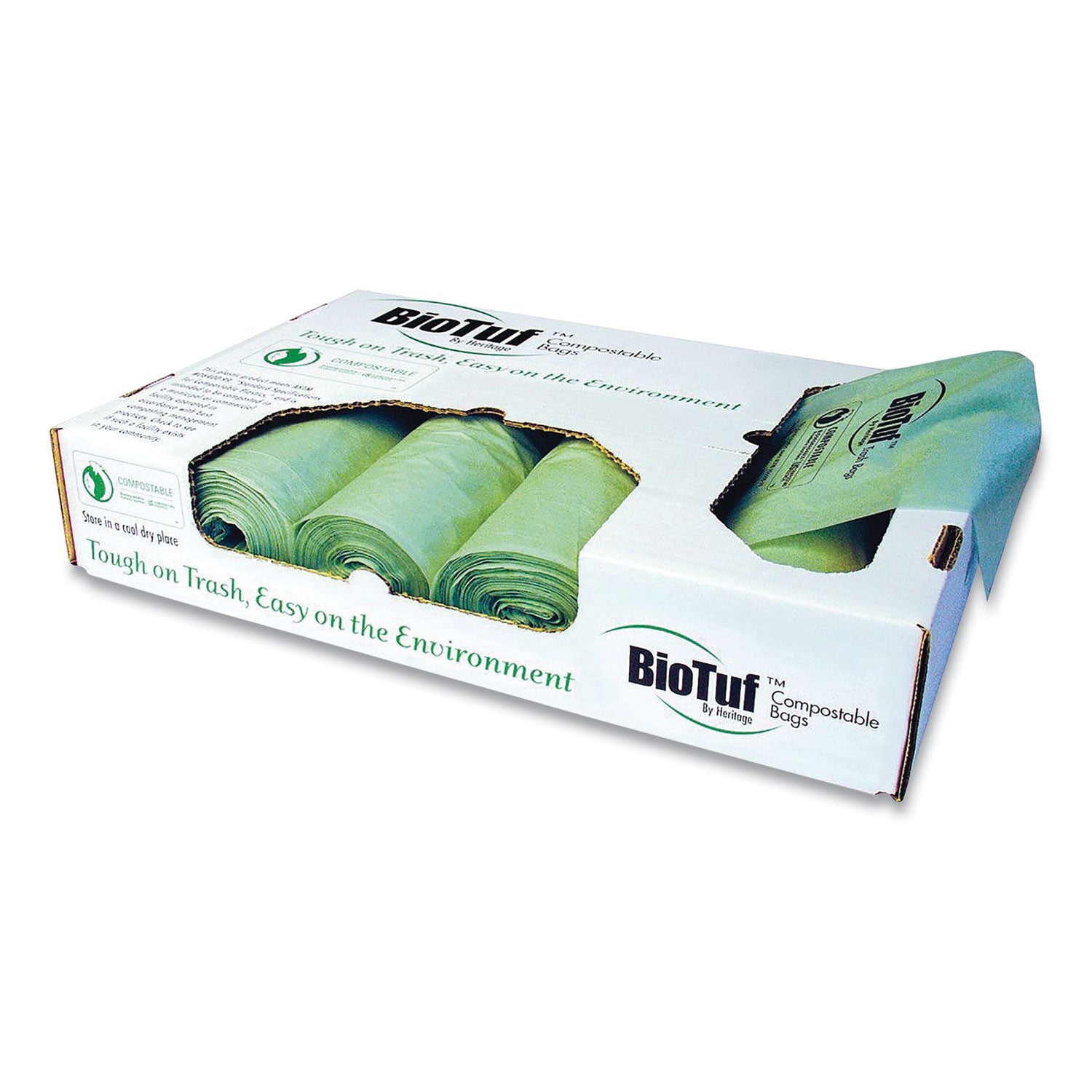 Heritage Biotuf Compostable Can Liners, 64 gal, 1 mil, 47" x 60", Green, 20 Bags/Roll, 5 Rolls/Carton