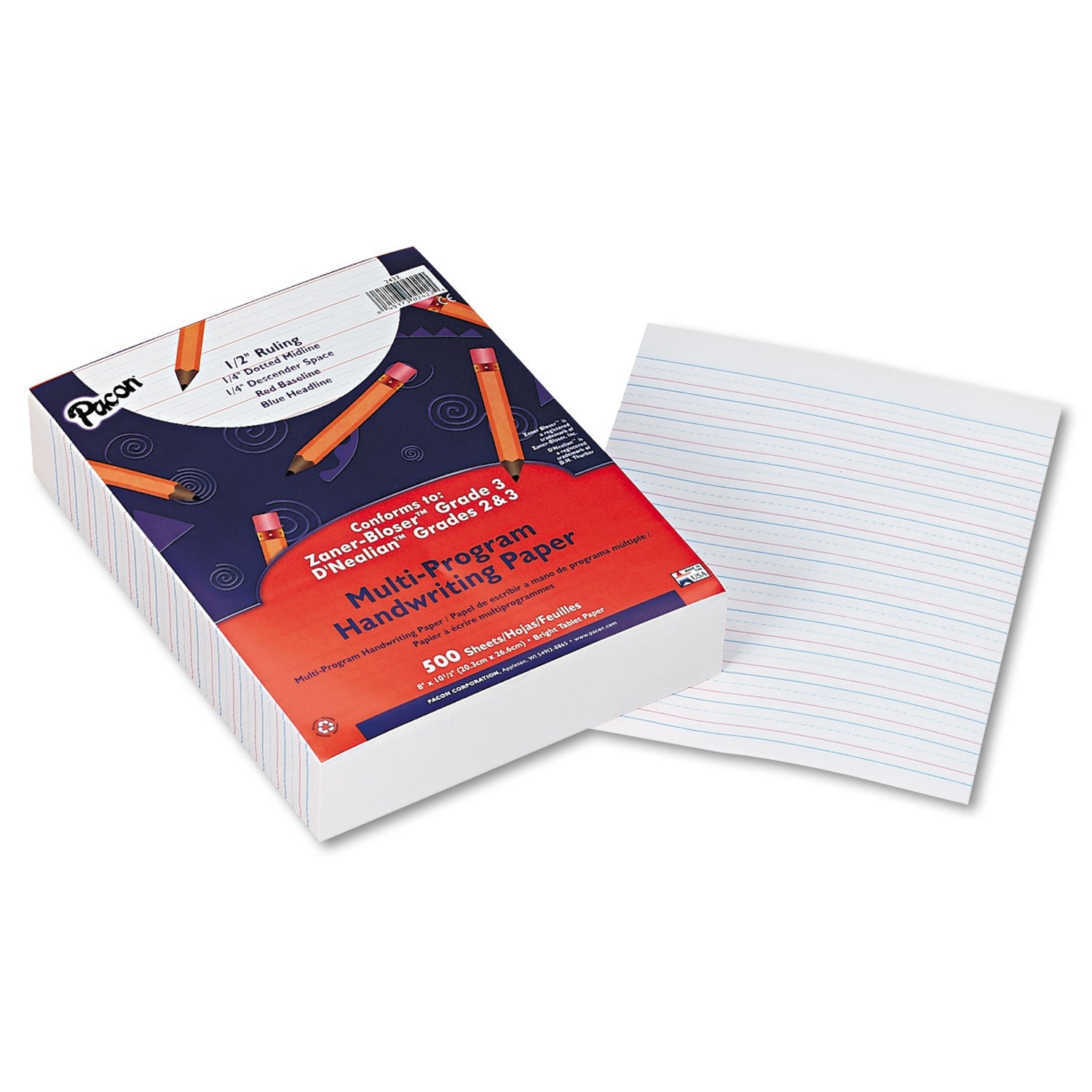 Pacon® Multi-Program Handwriting Paper, 16 Lb, 1/2" Short Rule, One-Sided, 8 X 10.5, 500/pack