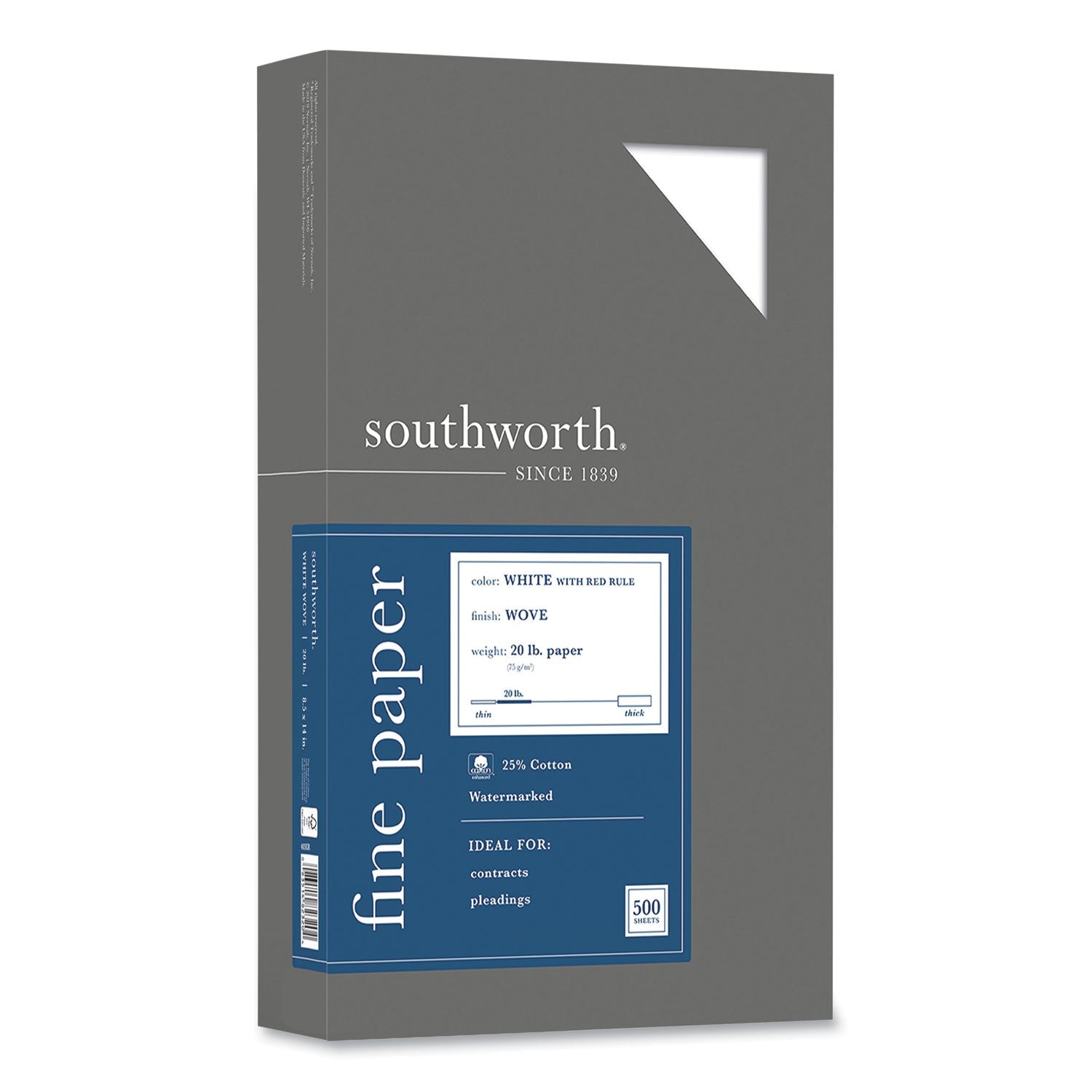 Southworth® 25% Cotton Business Paper, Ruled, 95 Bright, 20 lb Bond Weight, 8.5 x 14, White, 500 Sheets/Ream
