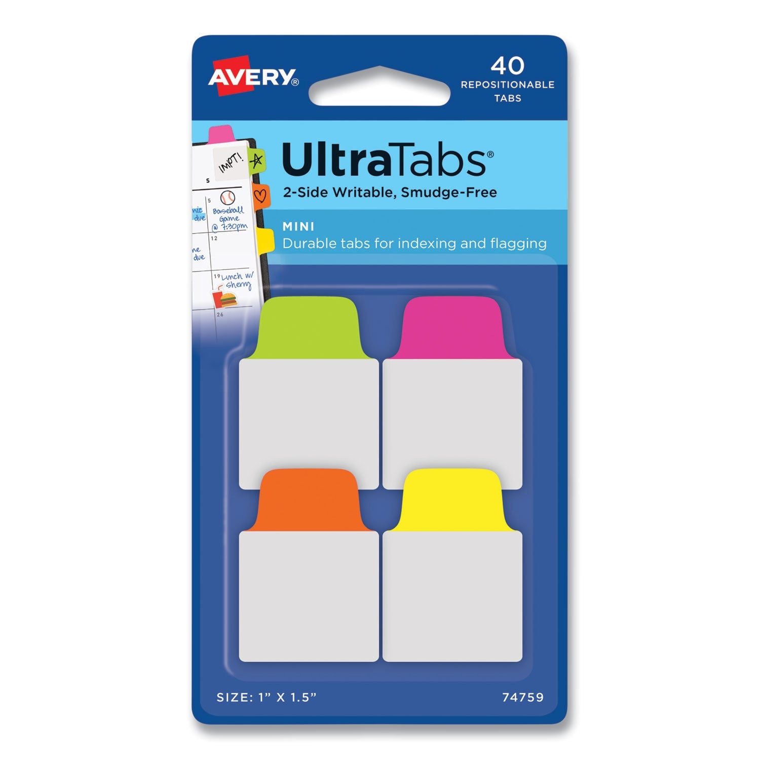 Avery® Ultra Tabs Repositionable Tabs, Mini Tabs: 1" x 1.5", 1/5-Cut, Assorted Neon Colors, 40/Pack