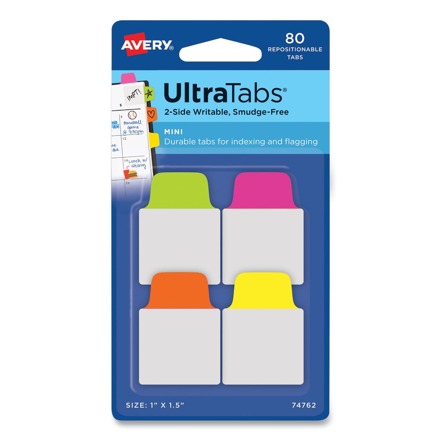 Avery® Ultra Tabs Repositionable Tabs, Mini Tabs: 1" x 1.5", 1/5-Cut, Assorted Neon Colors, 80/Pack