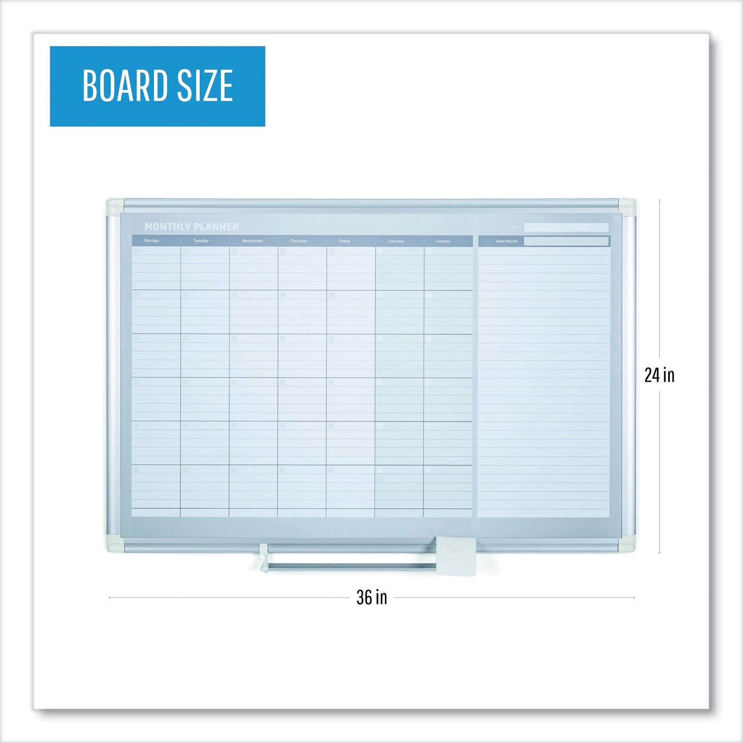 MasterVision® Magnetic Dry Erase Calendar Board, Monthly Planning/Scheduling, 36" x 24", White Surface, Satin Aluminum Frame