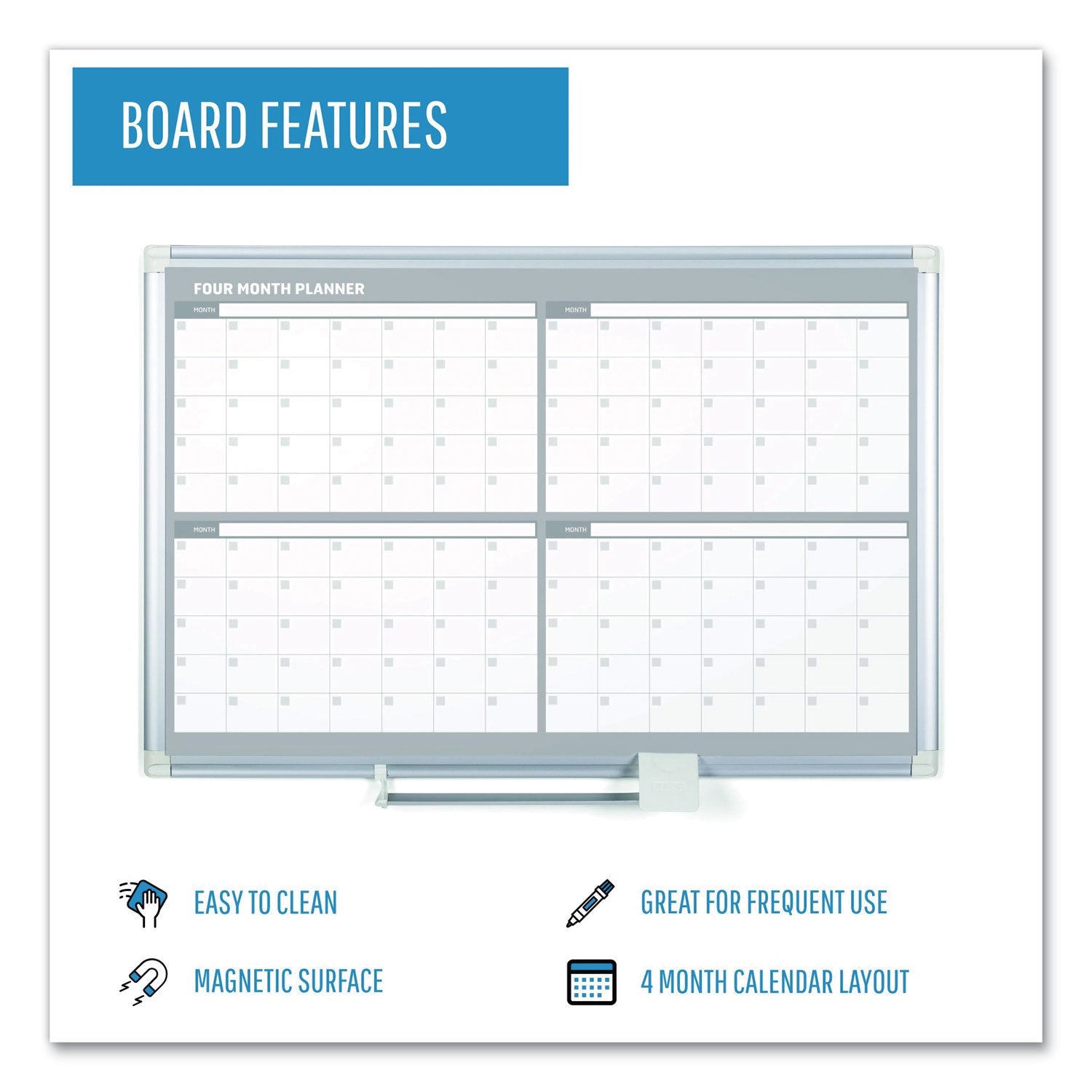 MasterVision® Magnetic Dry Erase Calendar Board, Four-Month Planning/Scheduling, 48" x 36", White Surface, Satin Aluminum Frame