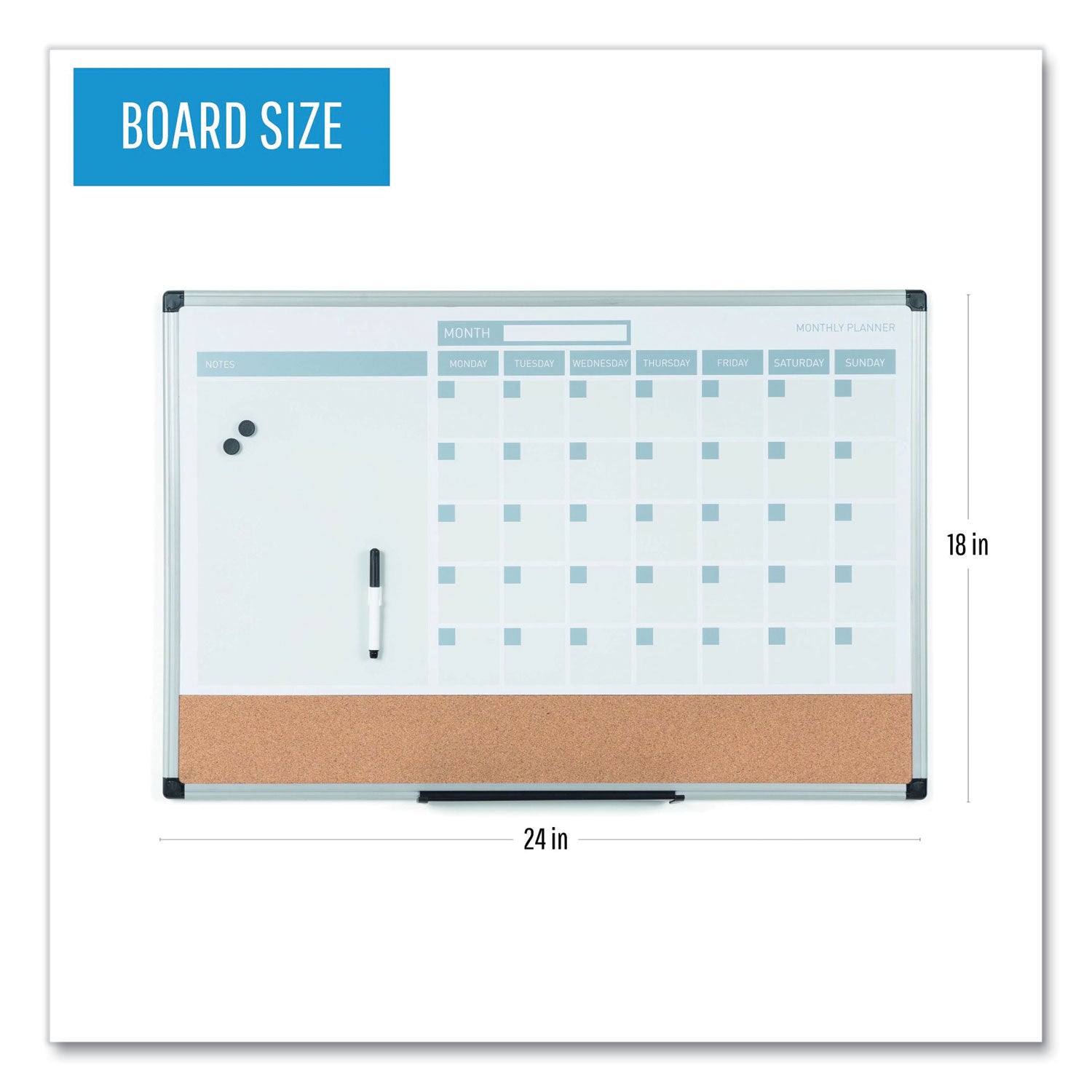 MasterVision® 3-in-1 Planner Board, Monthly Planning/Scheduling Calendar, 24" x 18", Tan/White/Blue Surface, Satin Aluminum Frame