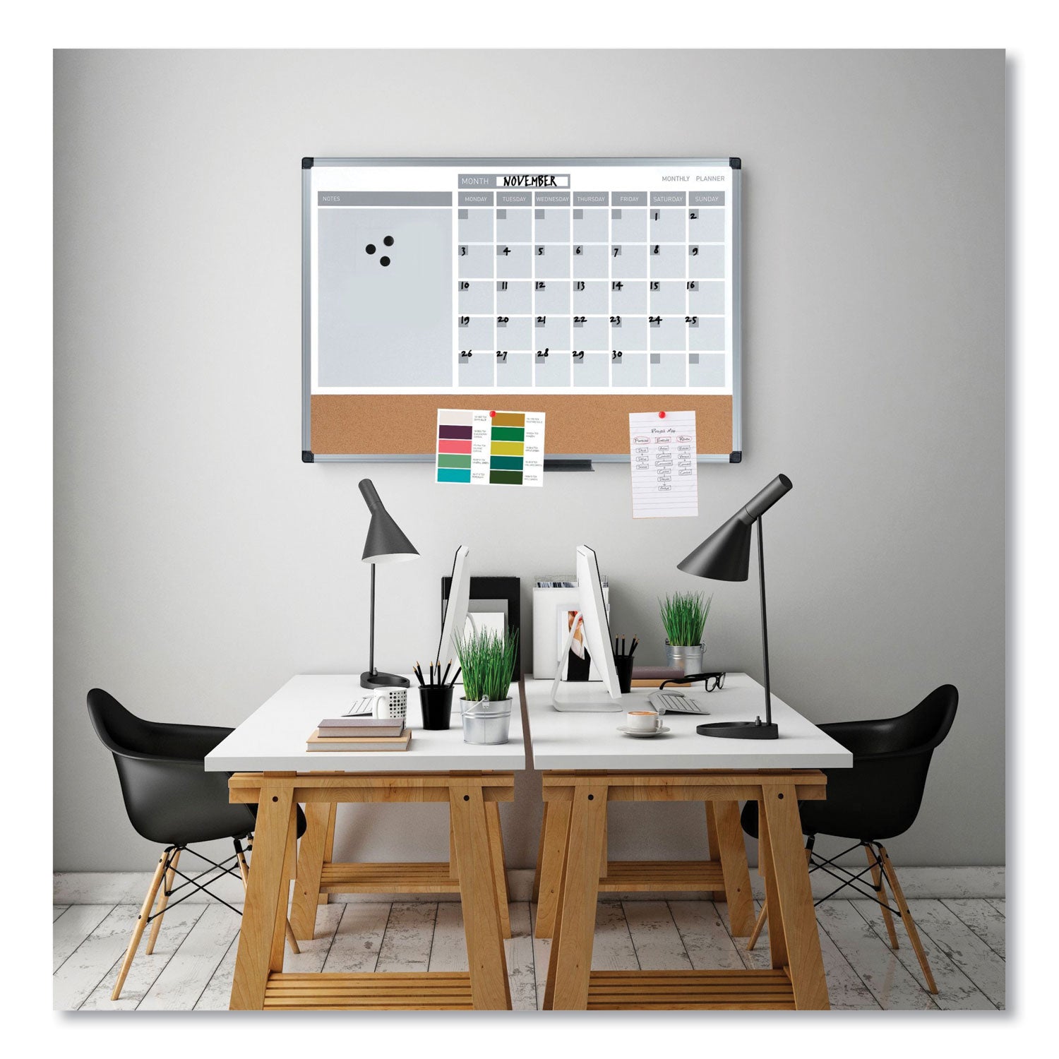 MasterVision® 3-in-1 Planner Board, Monthly Planning/Scheduling Calendar, 24" x 18", Tan/White/Blue Surface, Satin Aluminum Frame