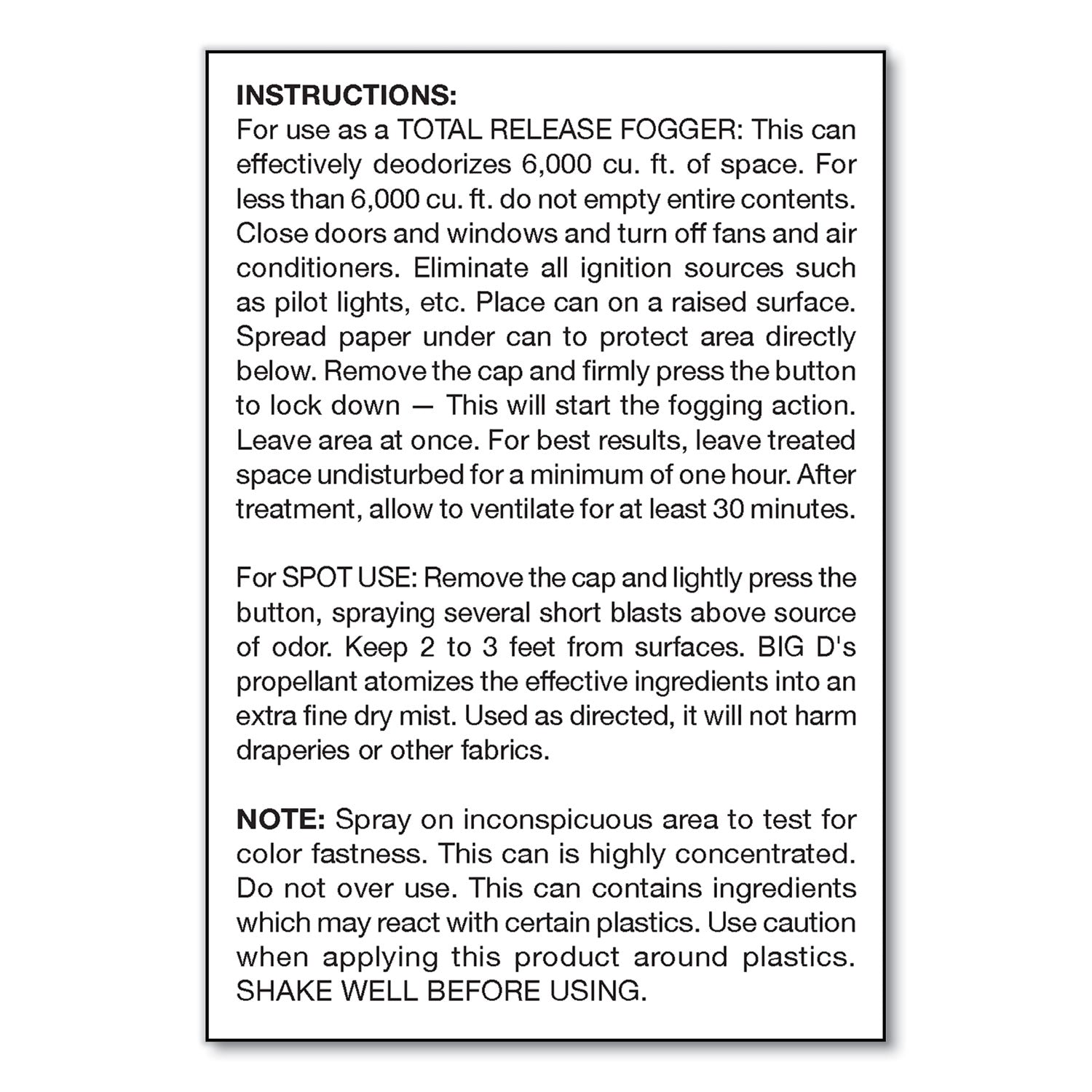 Big D Industries Odor Control Fogger, Original Scent, 5 Oz Aerosol Spray, 12/carton