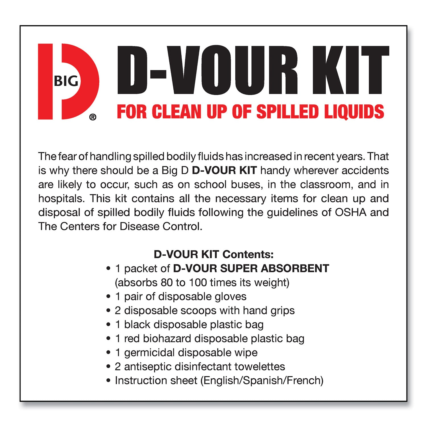 Big D Industries D'vour Clean-Up Kit, Powder, All Inclusive Kit, 6/carton