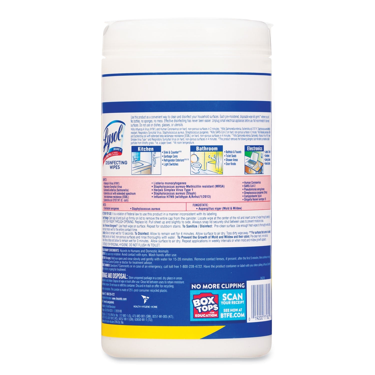 LYSOL® Brand Disinfecting Wipes, 1-Ply, 7 x 7.25, Lemon and Lime Blossom, White, 80 Wipes/Canister, 6 Canisters/Carton