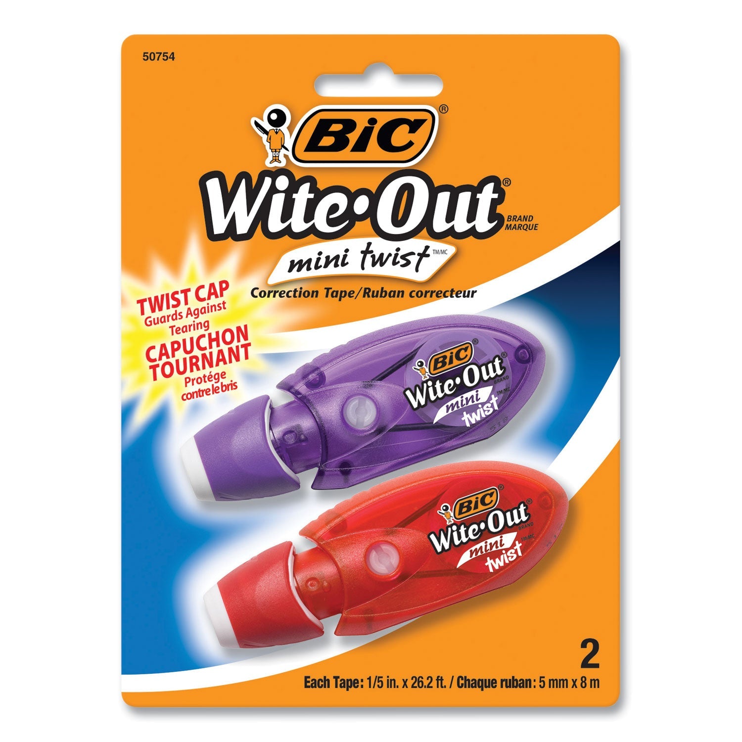 BIC® Wite-Out Mini Twist Correction Tape, Non-Refillable, Blue/Fuchsia Applicators 0.2" x 314", 2/Pack