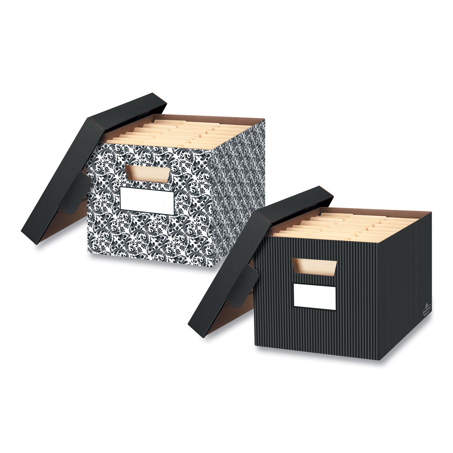 Bankers Box® Stor/file Decorative Medium-Duty Storage Box, Letter/legal Files, 12.5" X 16.25" X 10.25", Black/gray Pinstripe Design, 4/ct