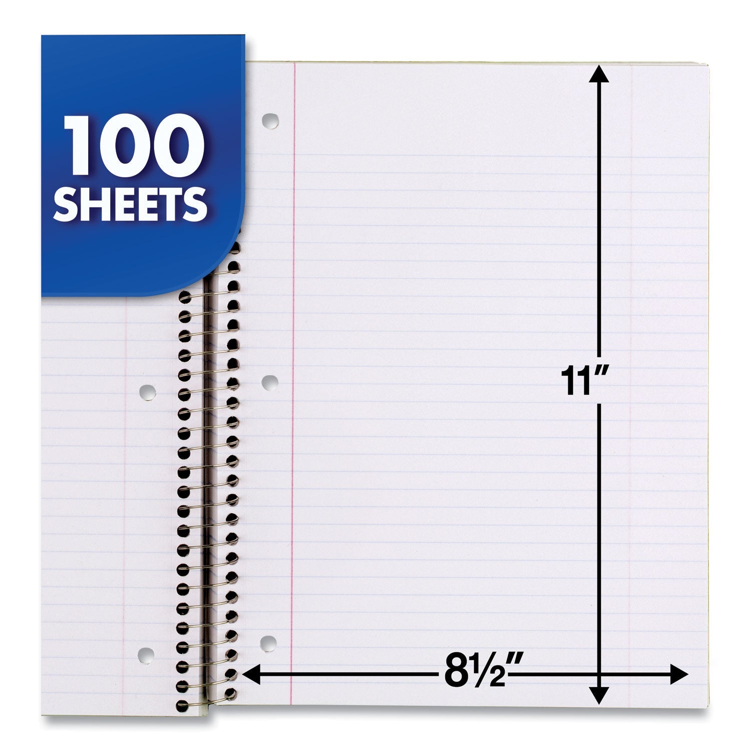 Mead® Spiral Notebook, 3-Hole Punched, 1-Subject, Medium/College Rule, Randomly Assorted Cover Color, (100) 11 x 8 Sheets