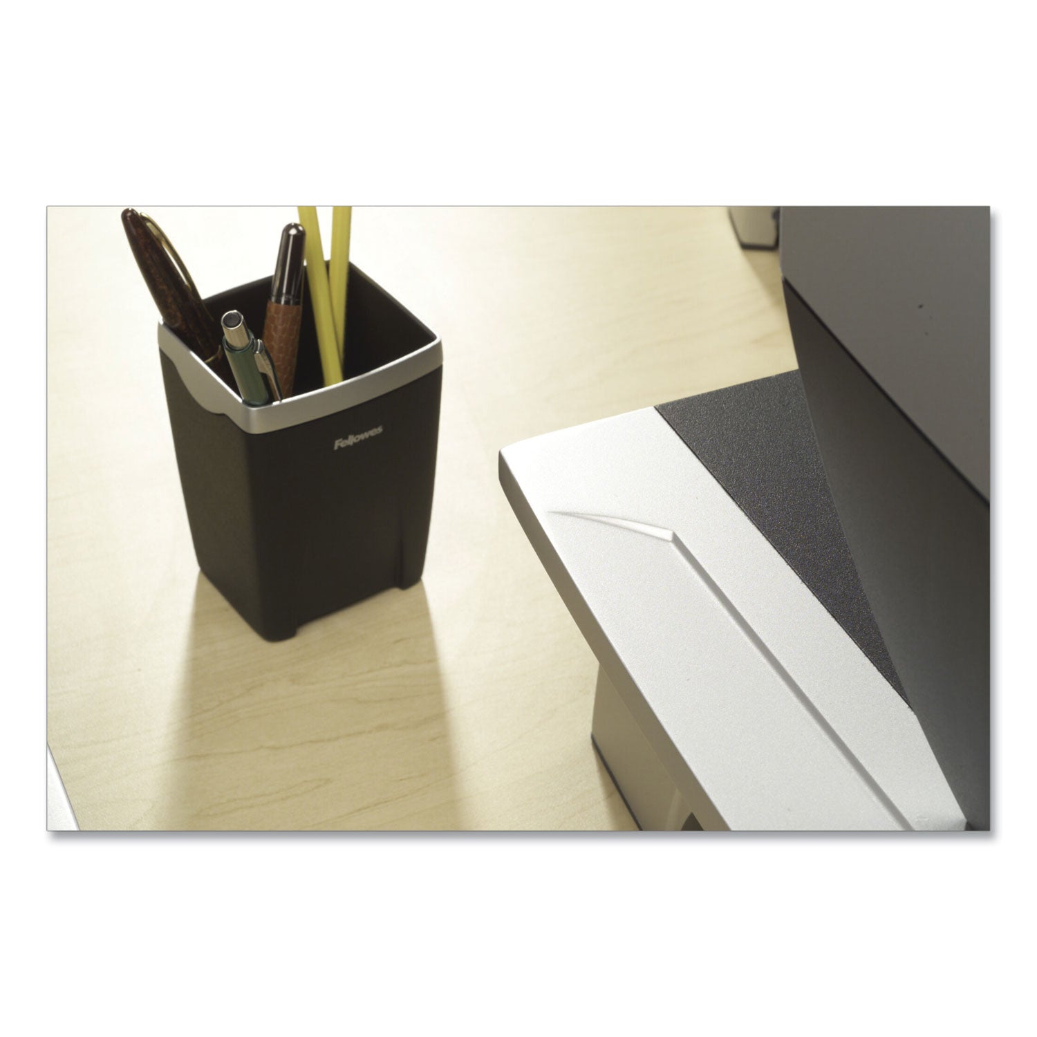 Fellowes® Office Suites Divided Pencil Cup, Plastic, 3.13 x 3.13 x 4.25, Black/Silver