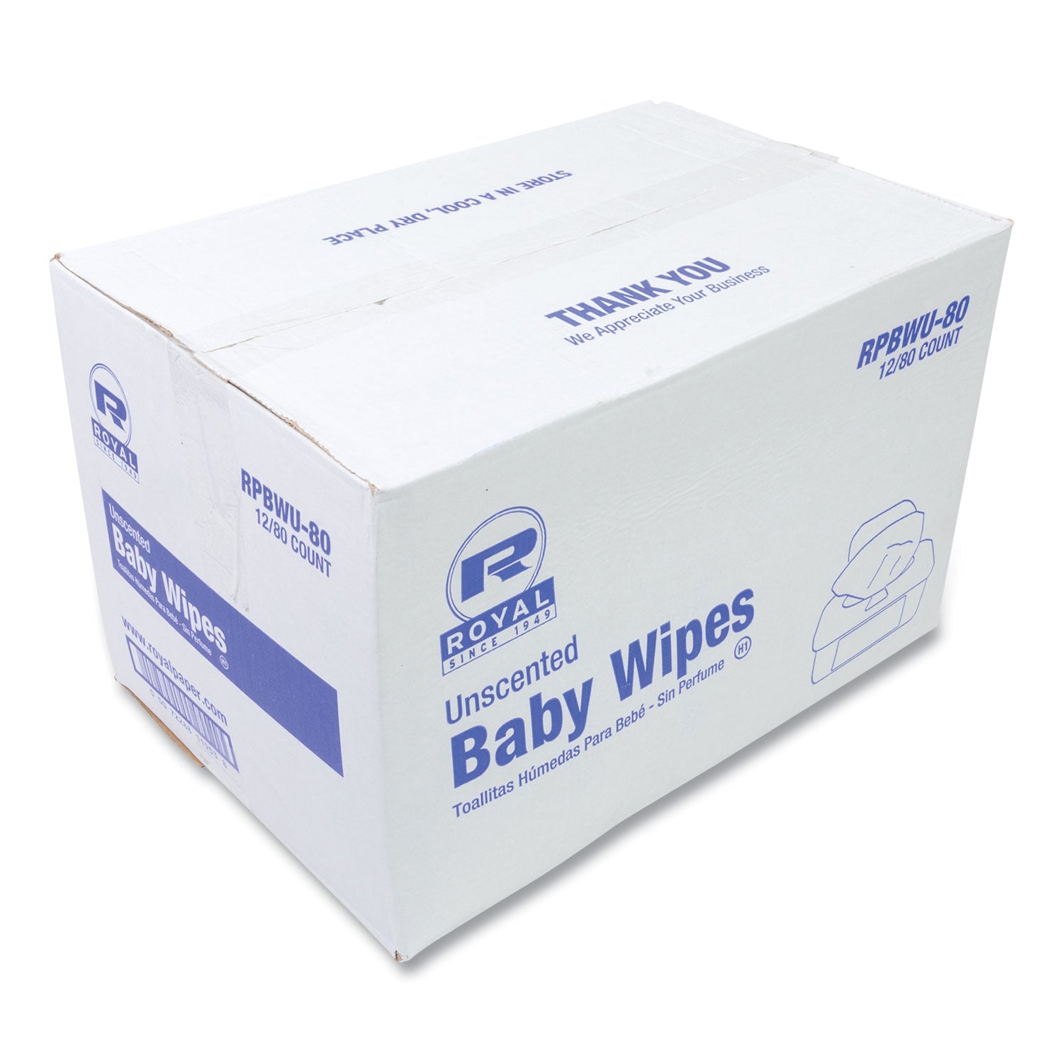 AmerCareRoyal® Baby Wipes Tub, Unscented, White, 80/Tub, 12 Tubs/Carton