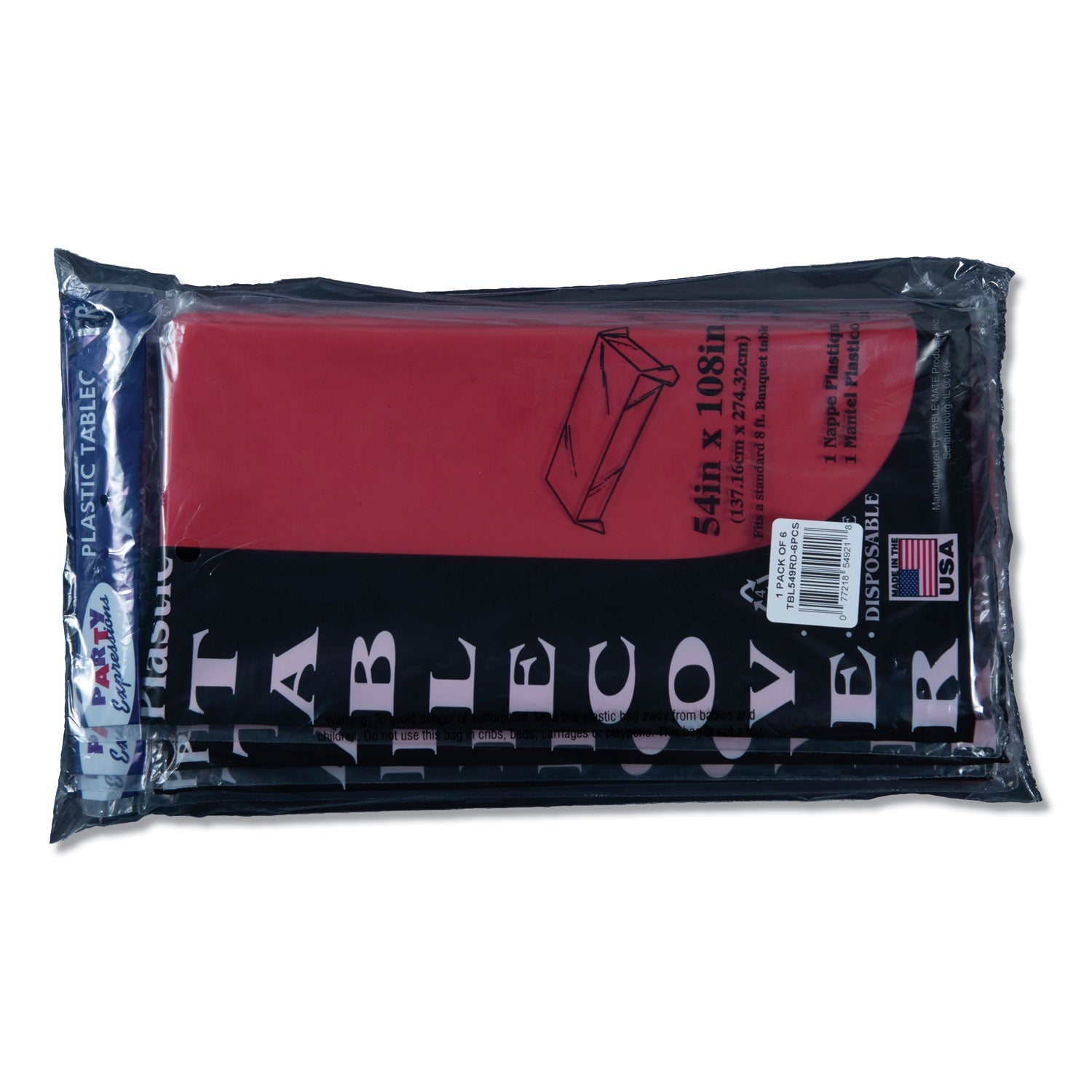 Tablemate® Table Set Rectangular Table Cover, Heavyweight Plastic, 54" X 108", Red, 6/pack