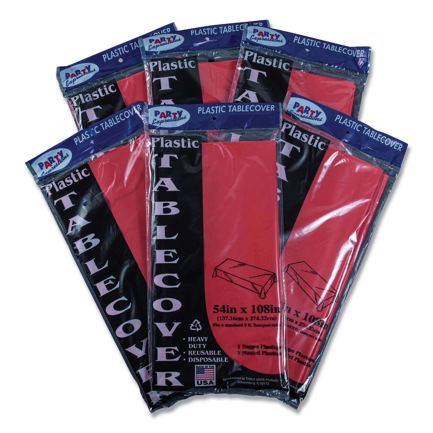 Tablemate® Table Set Rectangular Table Cover, Heavyweight Plastic, 54" X 108", Red, 6/pack