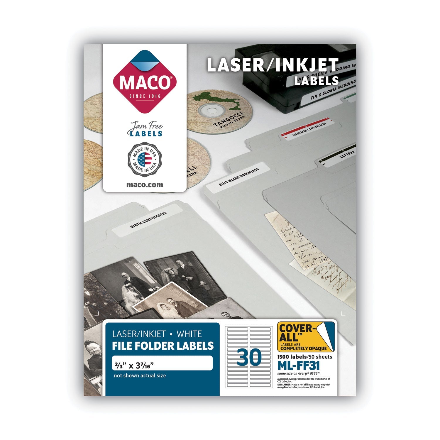MACO® Cover-All Opaque File Folder Labels, Inkjet/laser Printers, 0.66 X 3.44, White, 30 Labels/sheet, 50 Sheets/box - Bloom Skins