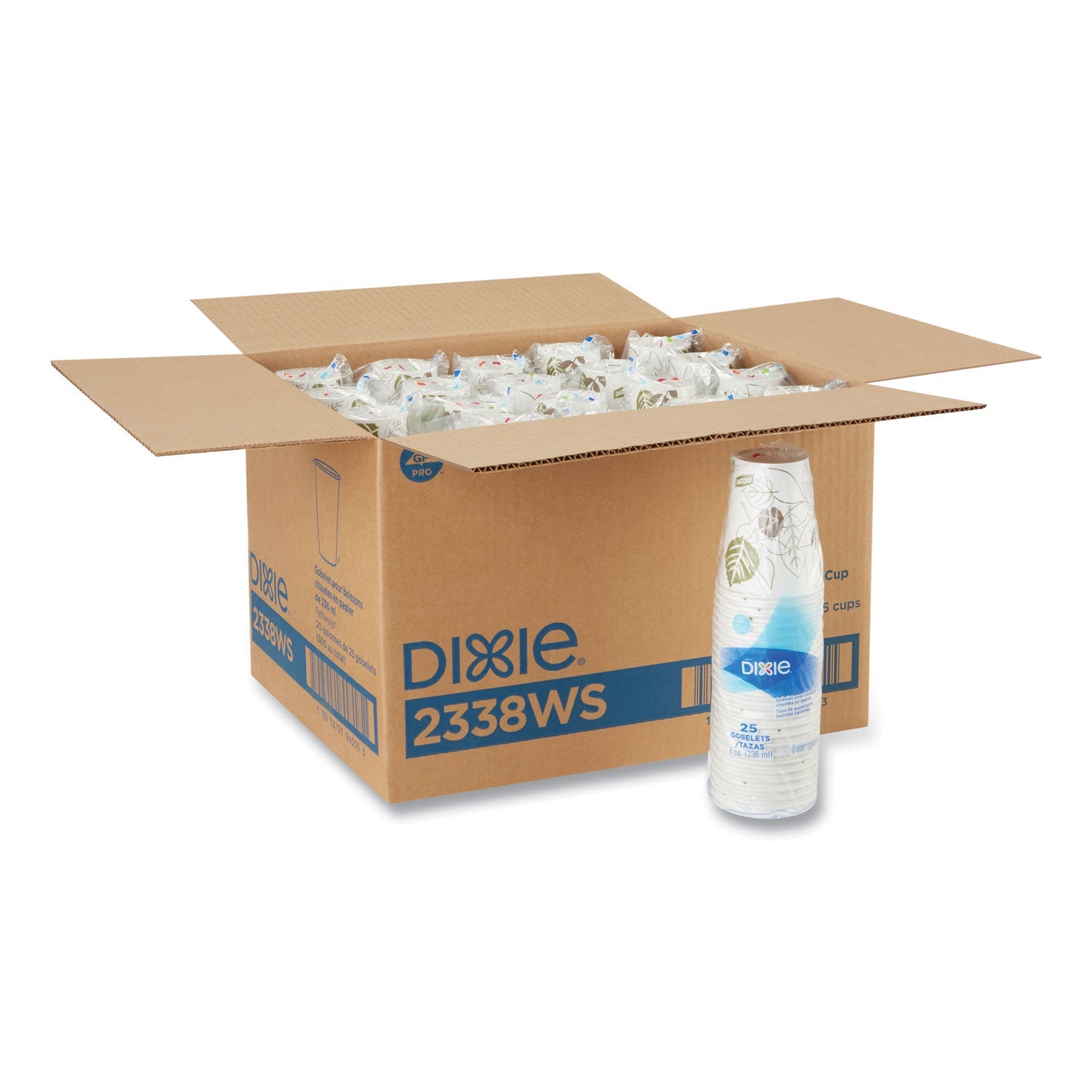 Dixie® Pathways Paper Hot Cups, 8 oz, White/Brown, 25/Bag, 20 Bags/Carton