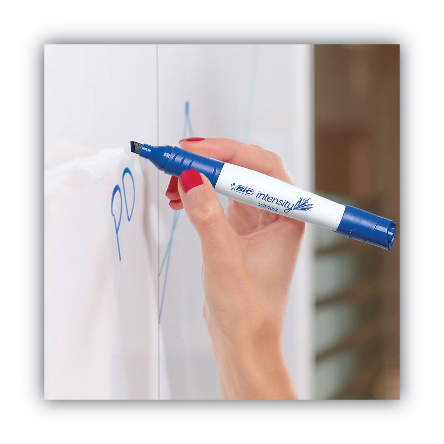 BIC® Intensity Low Odor Chisel Tip Dry Erase Marker, Broad Chisel Tip, Blue, Dozen