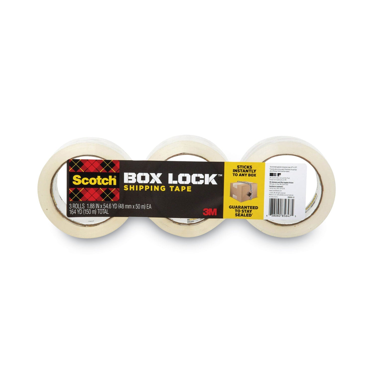 Scotch® Box Lock Shipping Packaging Tape, 3" Core, 1.88" X 54.6 Yds, Clear, 3/pack