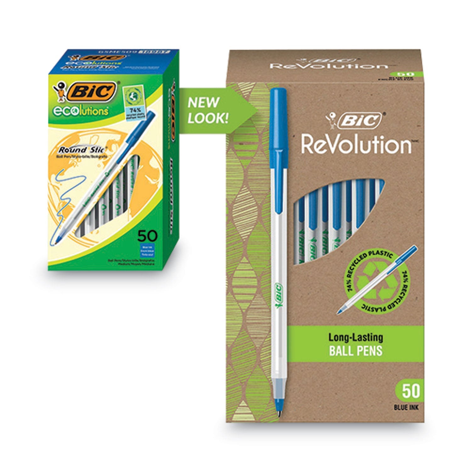 BIC® Ecolutions Round Stic Ballpoint Pen Value Pack, Stick, Medium 1 Mm, Blue Ink, Clear Barrel, 50/pack