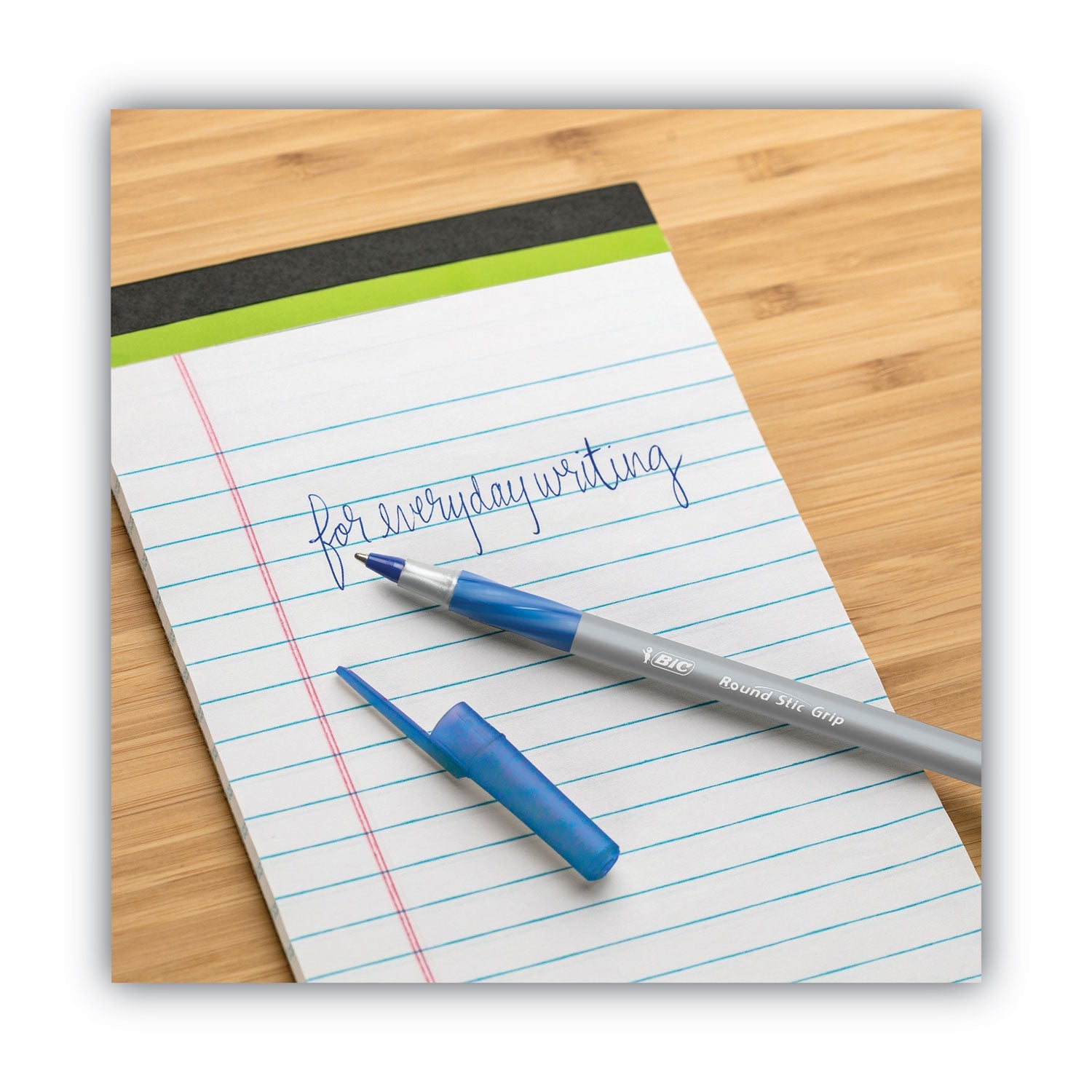 BIC® Round Stic Grip Xtra Comfort Ballpoint Pen, Easy-Glide System, Stick, Medium 1.2 mm, Blue Ink, Gray/Blue Barrel, Dozen