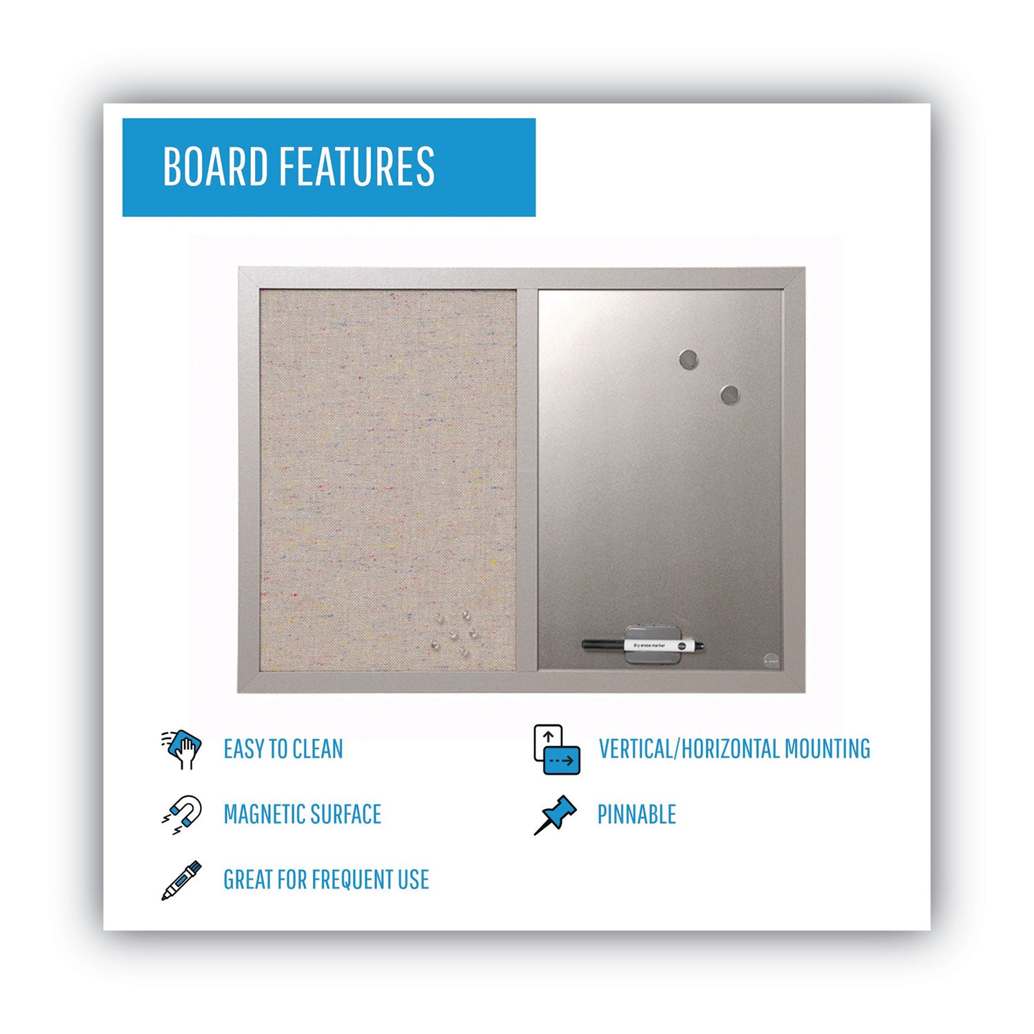 MasterVision® Designer Fabric Bulletin Board, Combo Magnetic Dry Erase/Bulletin, 24" x 18", Multicolor/Gray Surface, Gray Fiberboard Frame