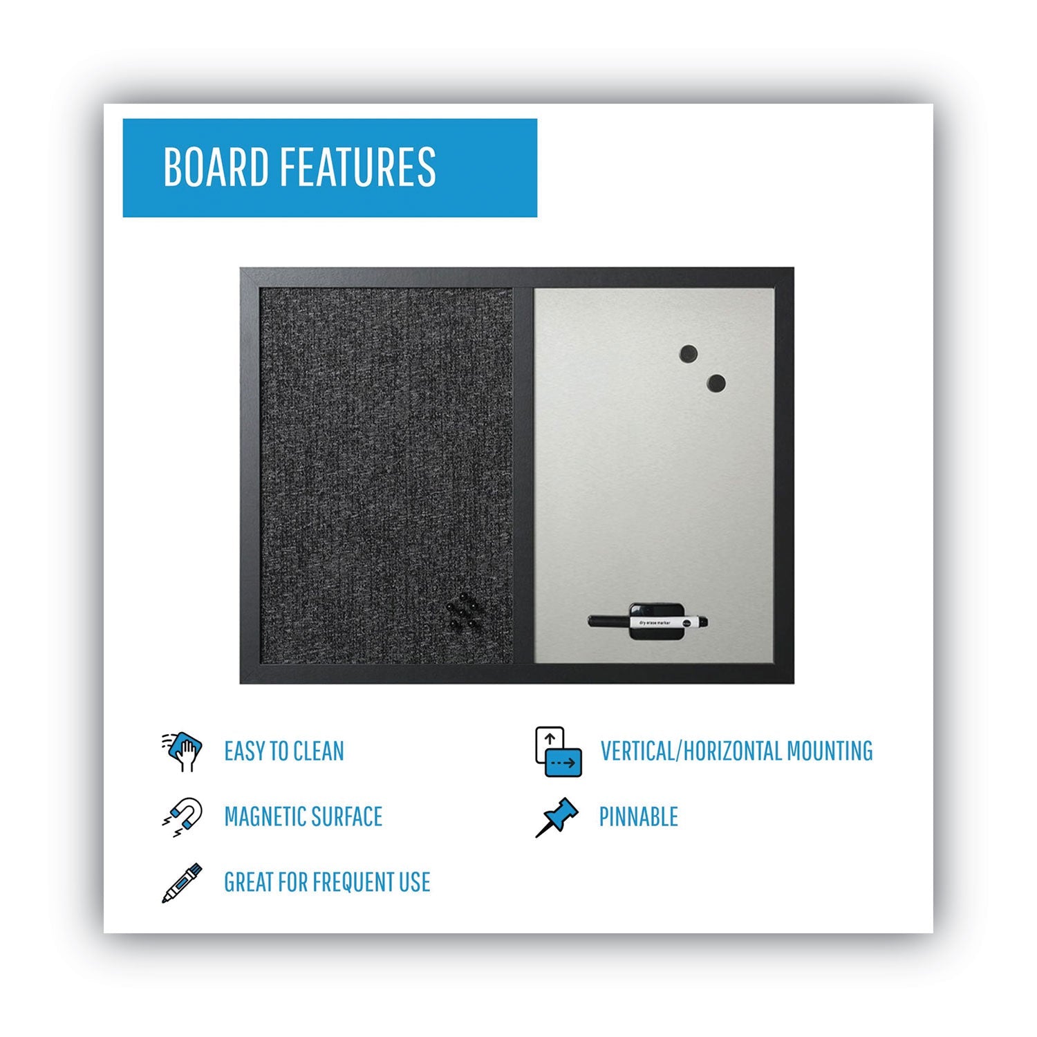 MasterVision® Designer Fabric Bulletin Board, Combo Magnetic Dry Erase/Bulletin, 24" x 18", Charcoal/Gray Surface, Black Fiberboard Frame